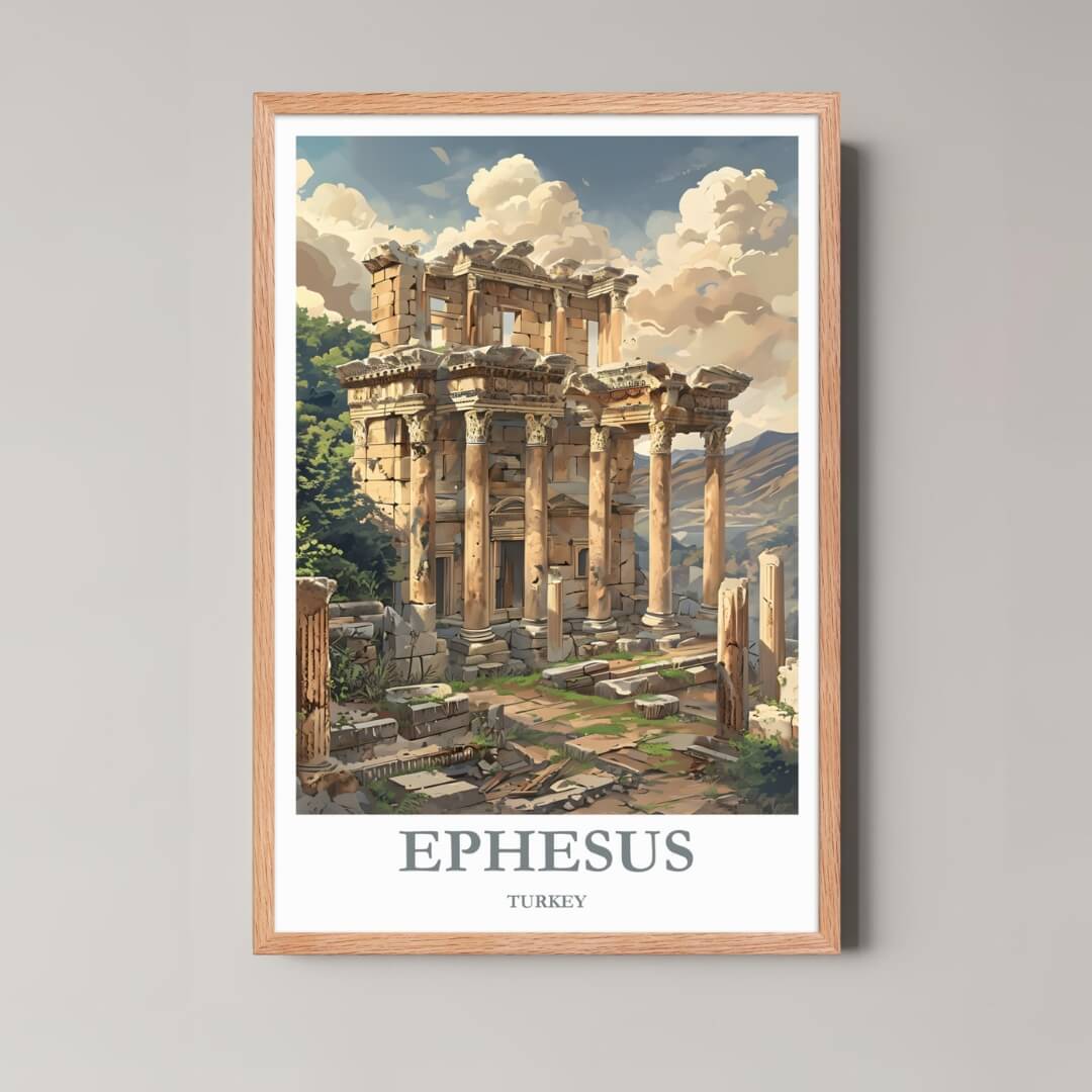 A framed illustration of the Ephesus ruins with a light wood frame, highlighting the architectural detail and Mediterranean landscape.