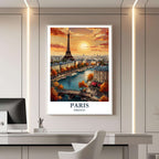 A framed travel poster of Paris displayed on a wall in a home office, adding an element of professional and artistic flair.