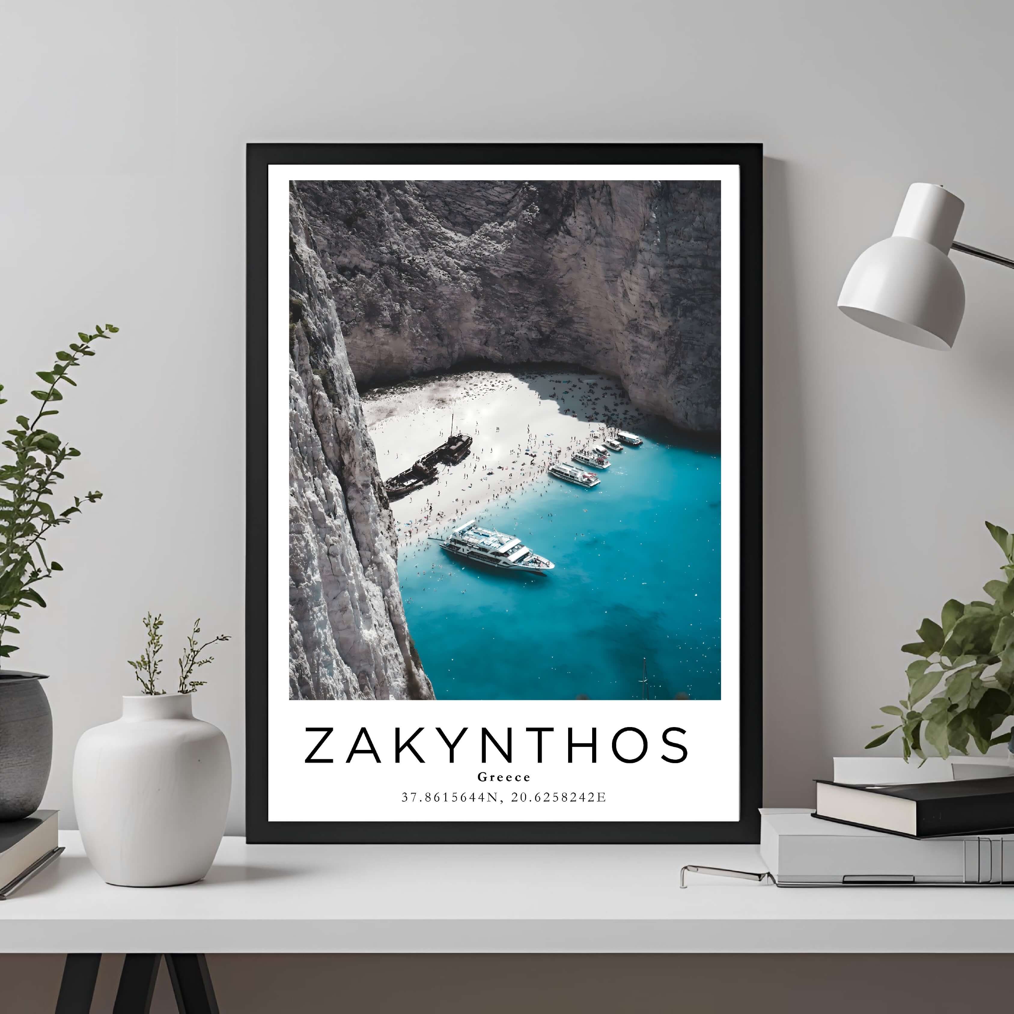 A framed travel poster of Zakynthos displayed on a wall in a home office, adding an element of professional and artistic flair.