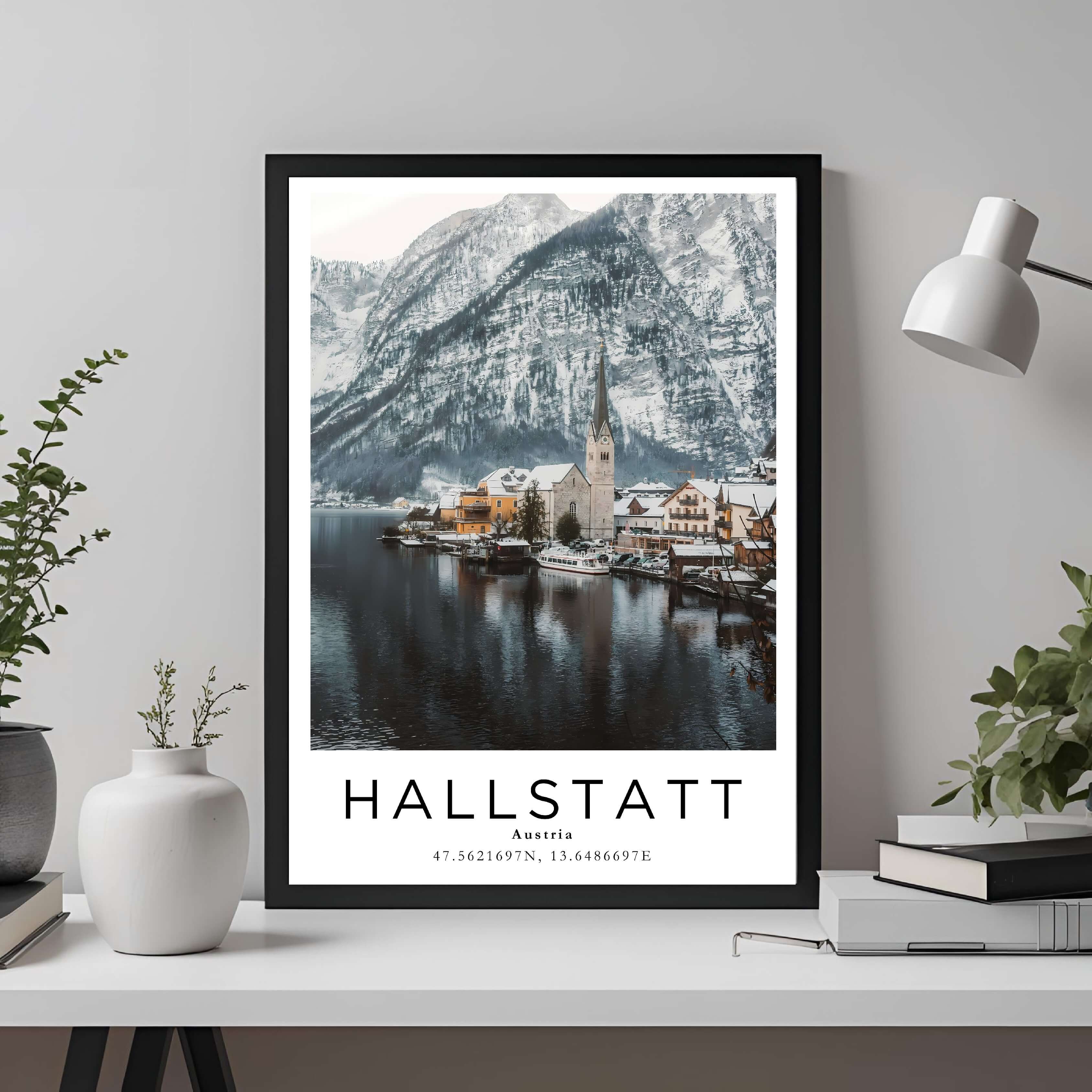 A framed travel poster of Hallstatt, Austria, displayed on a wall in a home office, adding an element of professional and artistic flair.