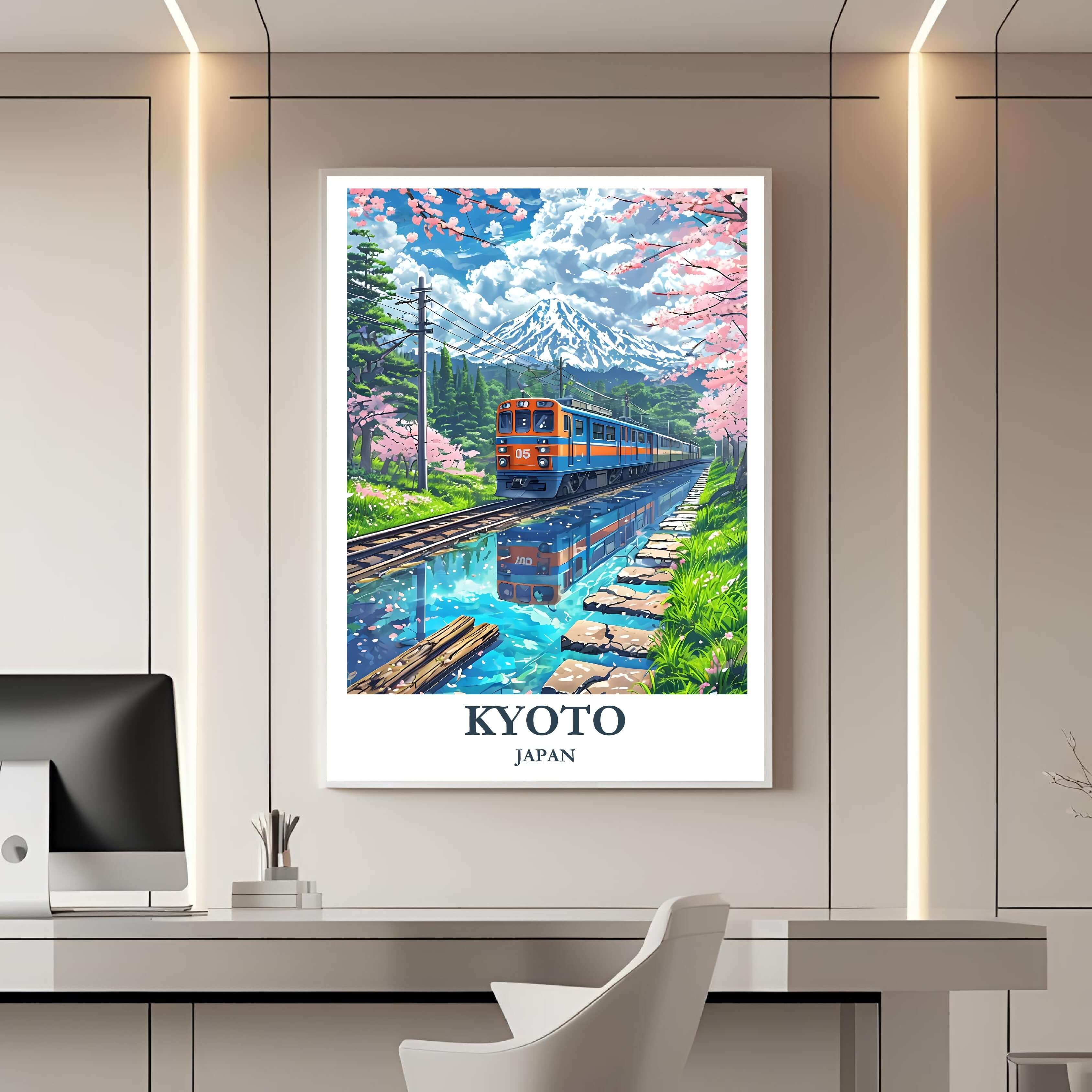 A framed travel poster of Kyoto displayed on a wall in a home office, adding an element of professional and artistic flair.