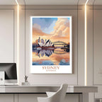 A framed travel poster of Auckland displayed on a wall in a home office, adding an element of professional and artistic flair.