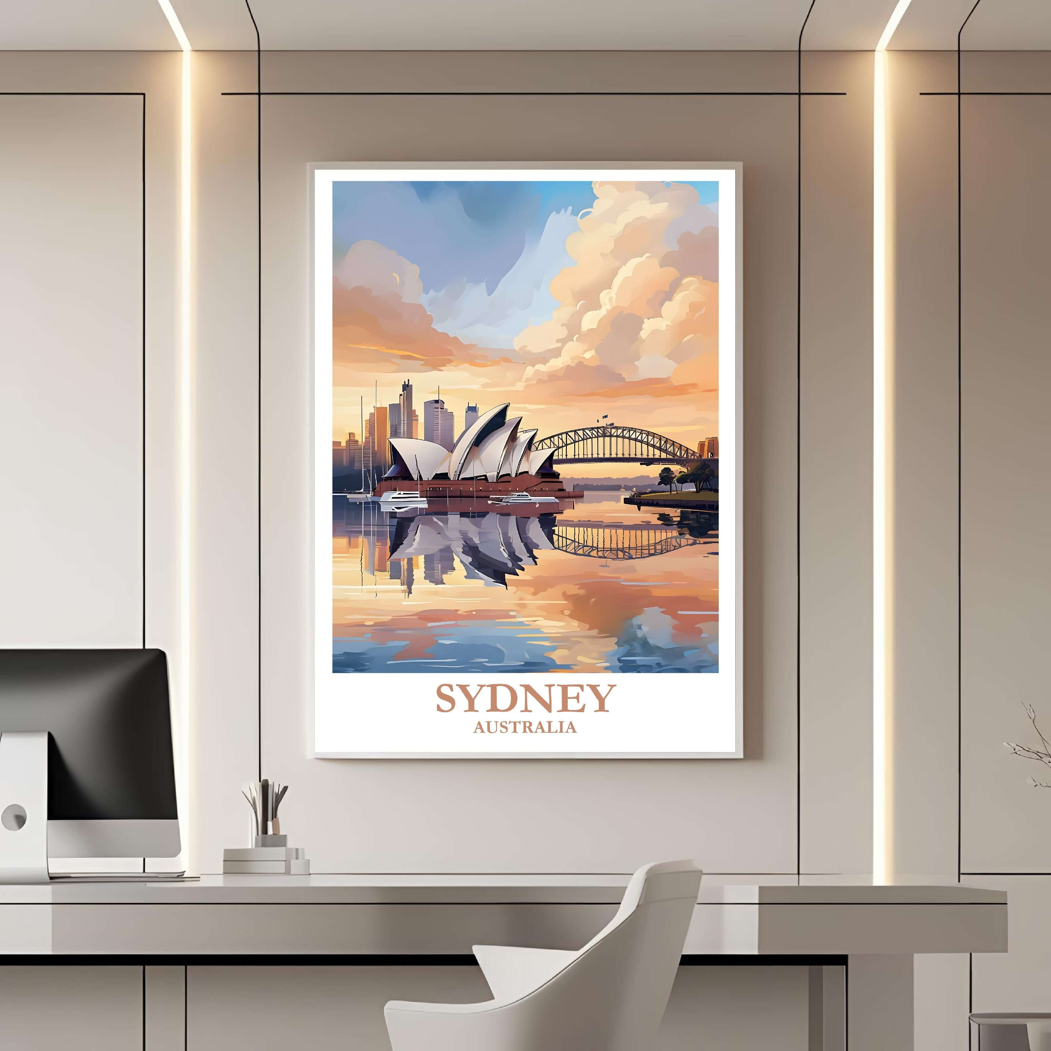 A framed travel poster of Auckland displayed on a wall in a home office, adding an element of professional and artistic flair.