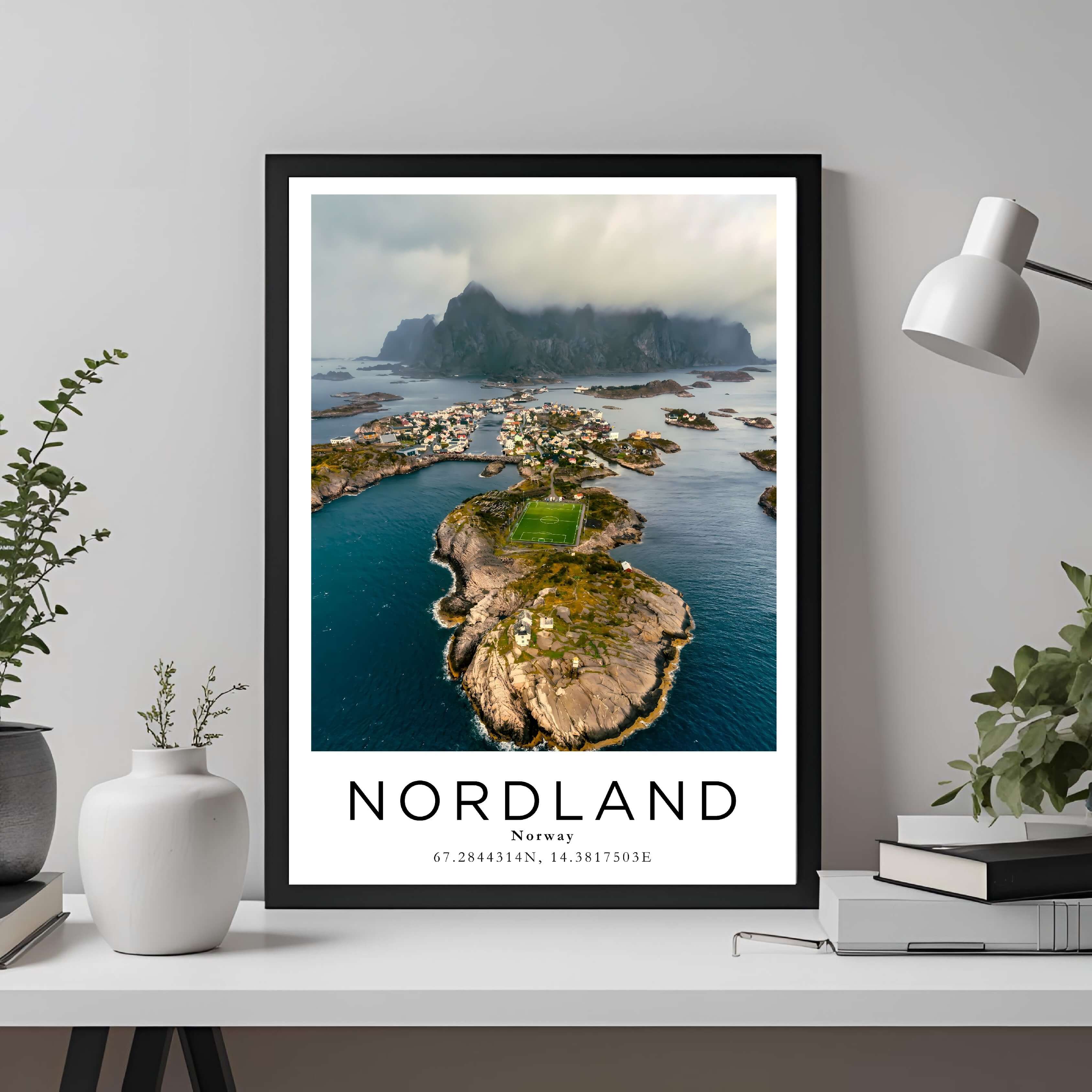 A framed travel poster of Nordland displayed on a wall in a home office, adding an element of professional and artistic flair.