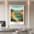 A framed travel poster of the Algarve displayed on a wall in a home office, adding an element of professional and artistic flair.
