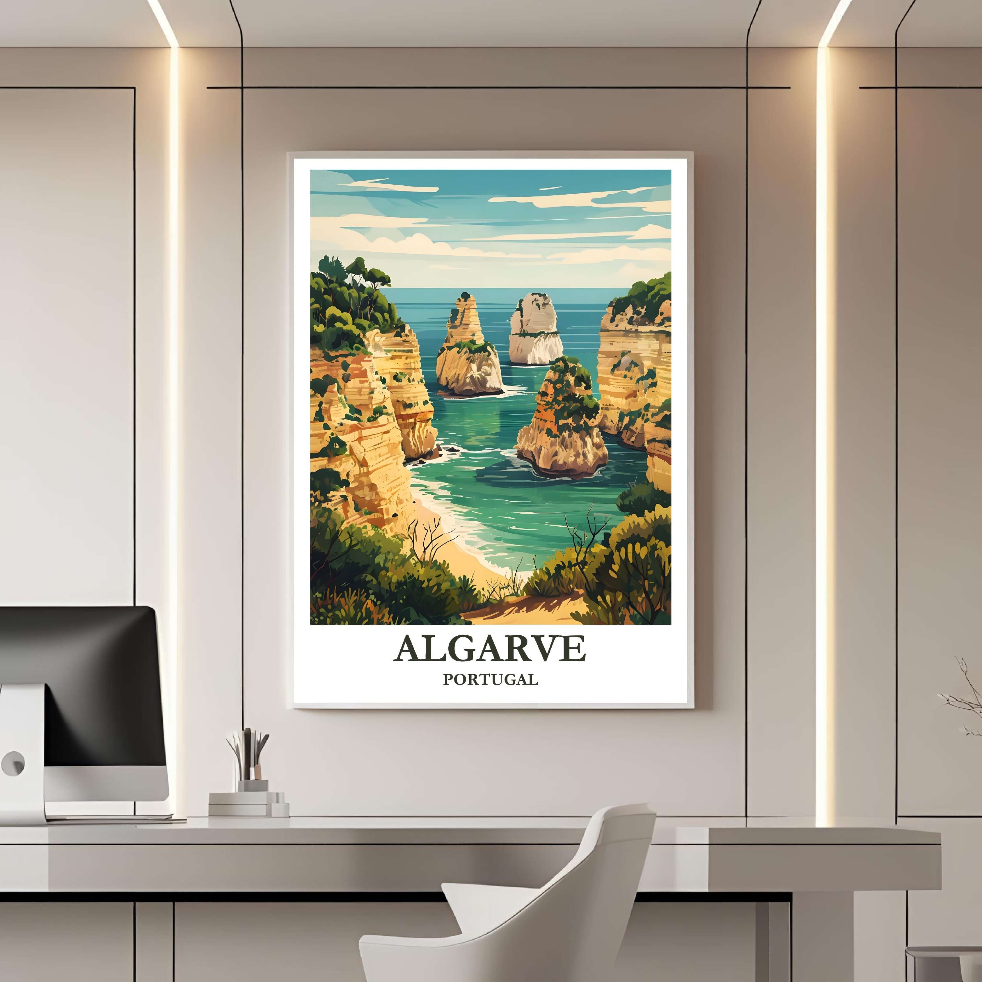 A framed travel poster of the Algarve displayed on a wall in a home office, adding an element of professional and artistic flair.