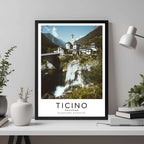 A framed travel poster of Ticino displayed on a wall in a home office, adding an element of professional and artistic flair.