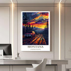 A framed travel poster of Montana displayed on a wall in a home office, adding an element of creative and inspiring flair.