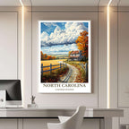 A framed travel poster of North Carolina displayed on a wall in a home office, adding an element of creative and tranquil flair.