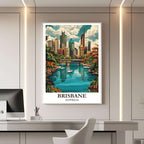 A framed travel poster of Brisbane displayed on a wall in a home office, adding an element of creative and sophisticated flair.