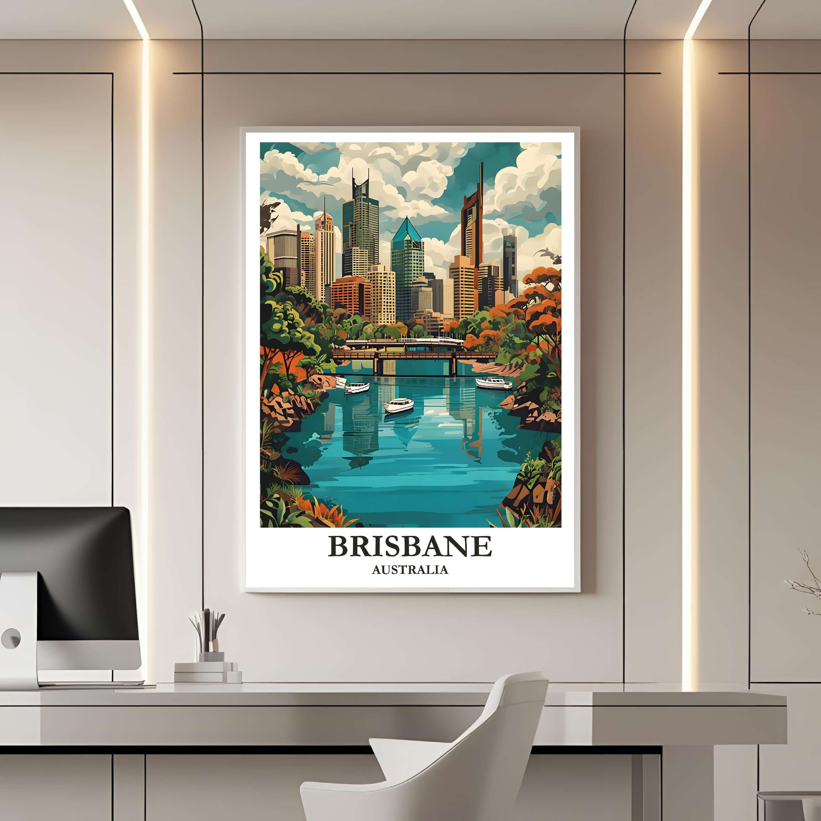 A framed travel poster of Brisbane displayed on a wall in a home office, adding an element of creative and sophisticated flair.