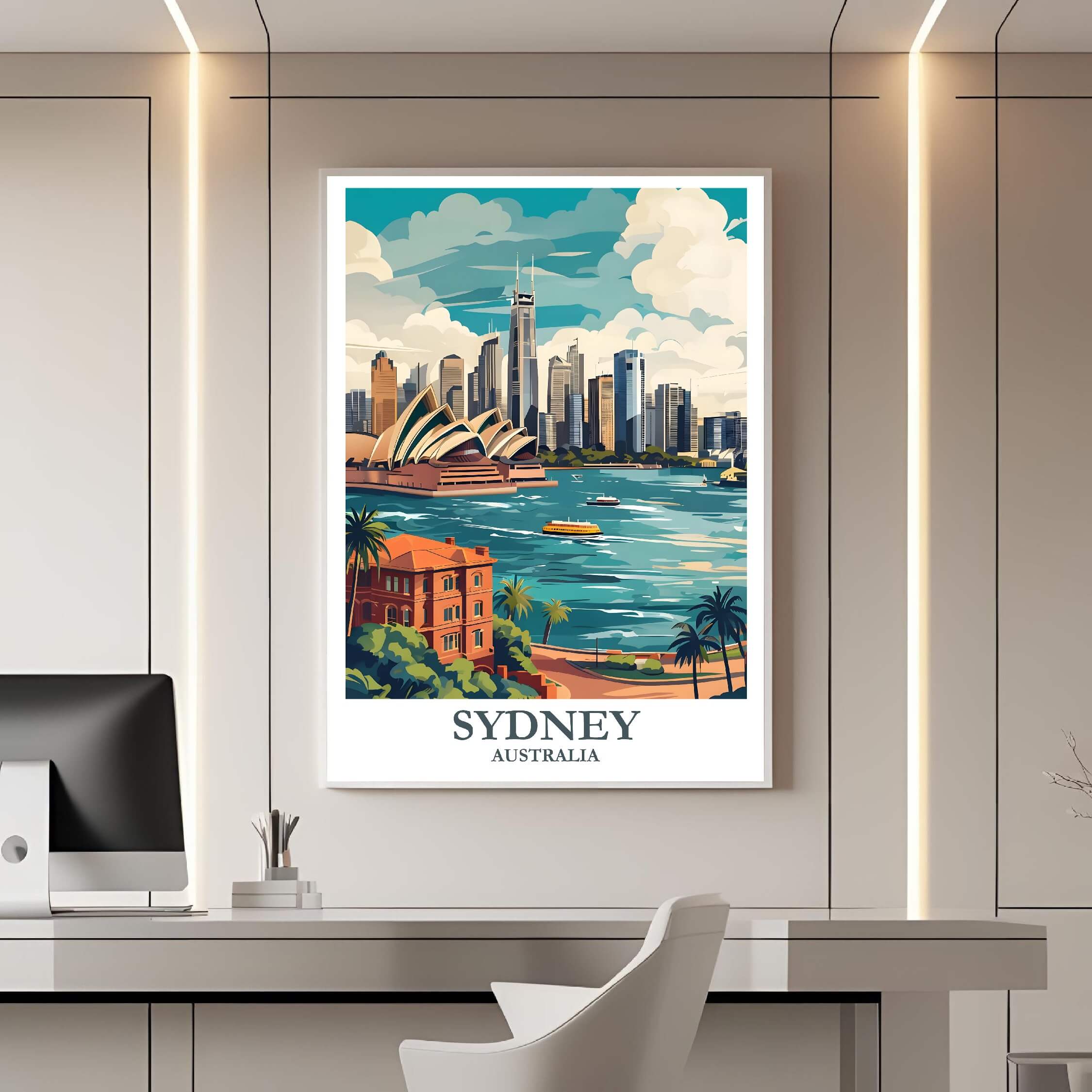 A framed travel poster of Sydney displayed on a wall in a home office, adding an element of dynamic, inspiring, and modern flair.