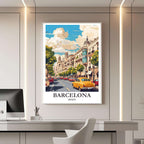A framed travel poster of Barcelona displayed on a wall in a home office, adding an element of creative and sophisticated flair.