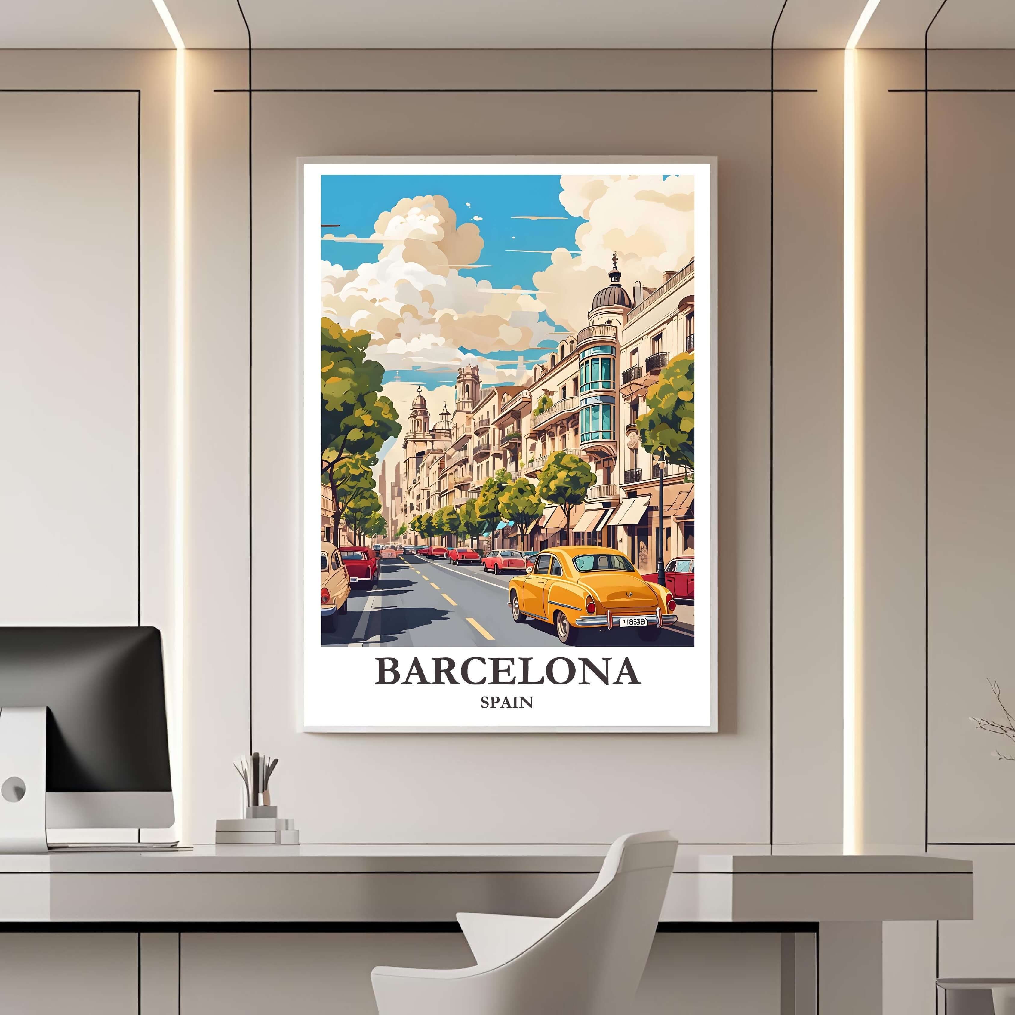 A framed travel poster of Barcelona displayed on a wall in a home office, adding an element of creative and sophisticated flair.
