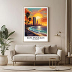 A framed travel poster of Los Angeles displayed on a wall in a home office, adding an element of creative and laid-back sophistication.