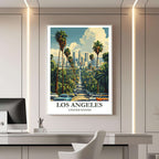 A framed travel poster of Los Angeles displayed on a wall in a home office, adding an element of creative and laid-back sophistication.