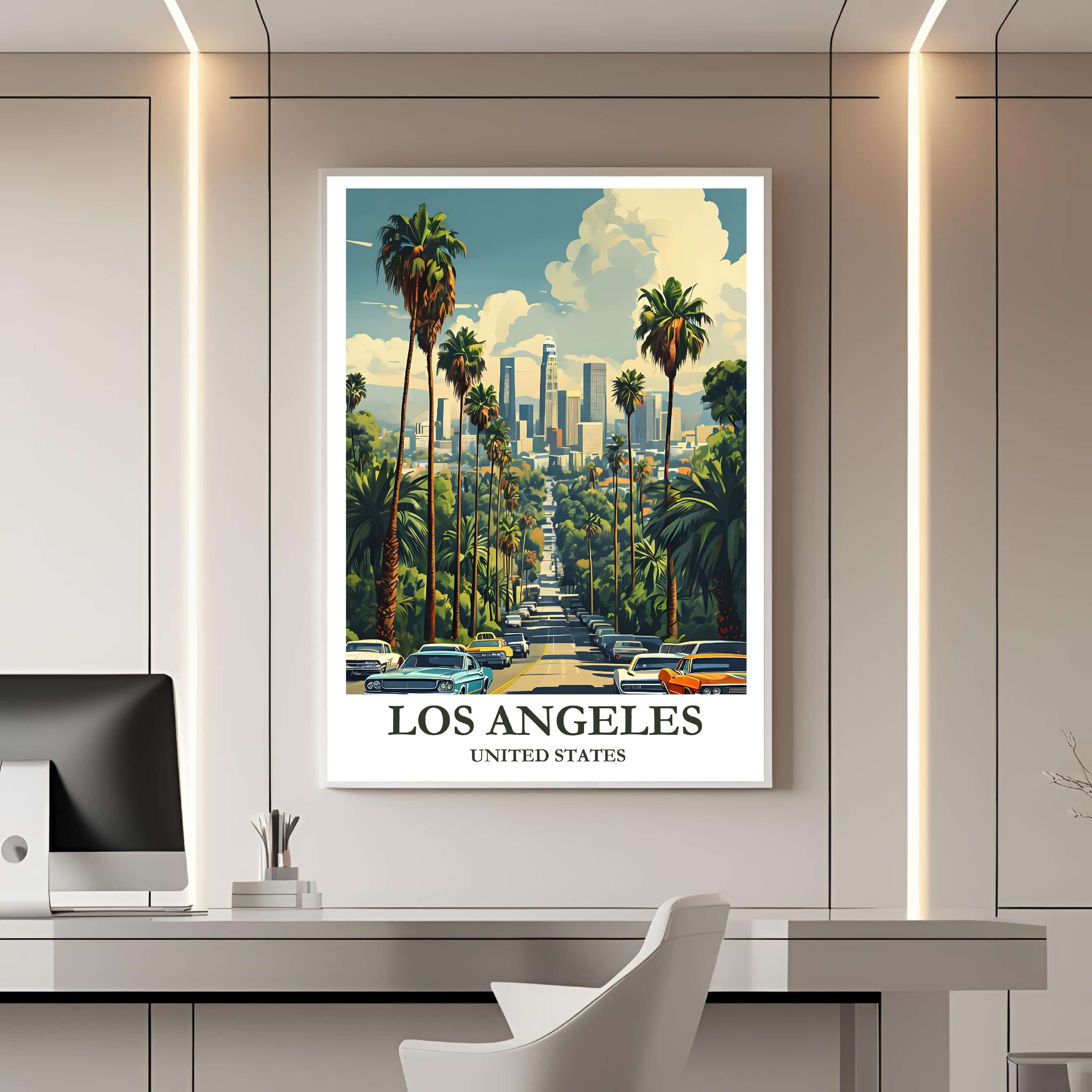A framed travel poster of Los Angeles displayed on a wall in a home office, adding an element of creative and laid-back sophistication.