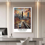 A framed travel poster of Chicago displayed on a wall in a home office, adding an element of creative and inspiring flair.