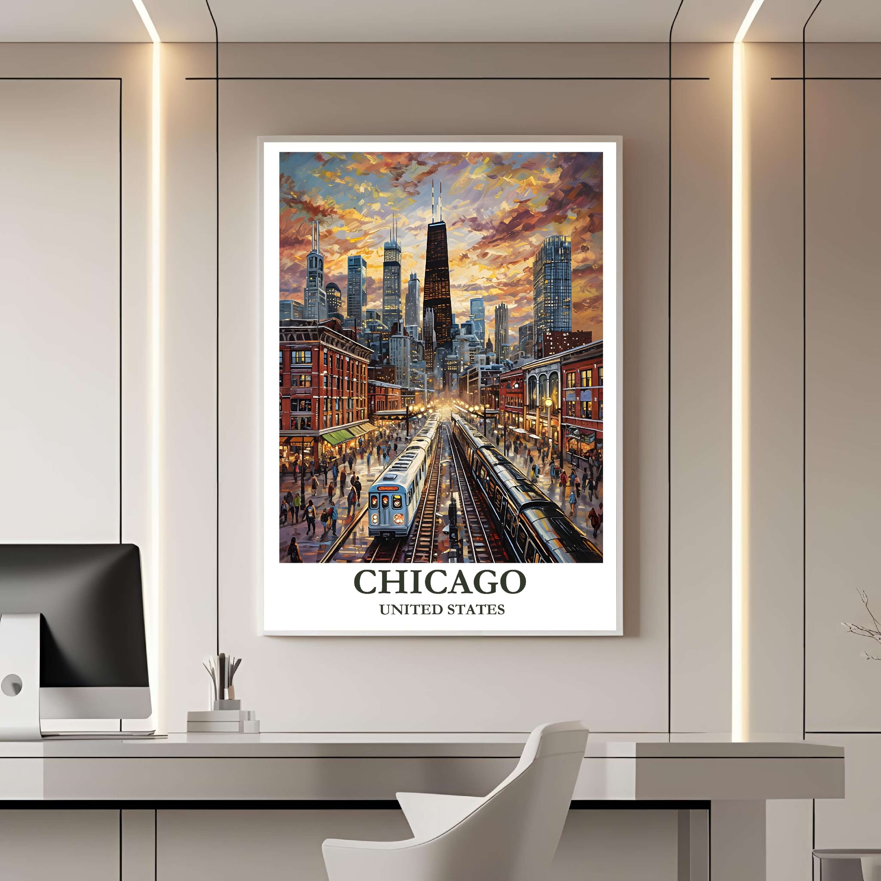 A framed travel poster of Chicago displayed on a wall in a home office, adding an element of creative and inspiring flair.