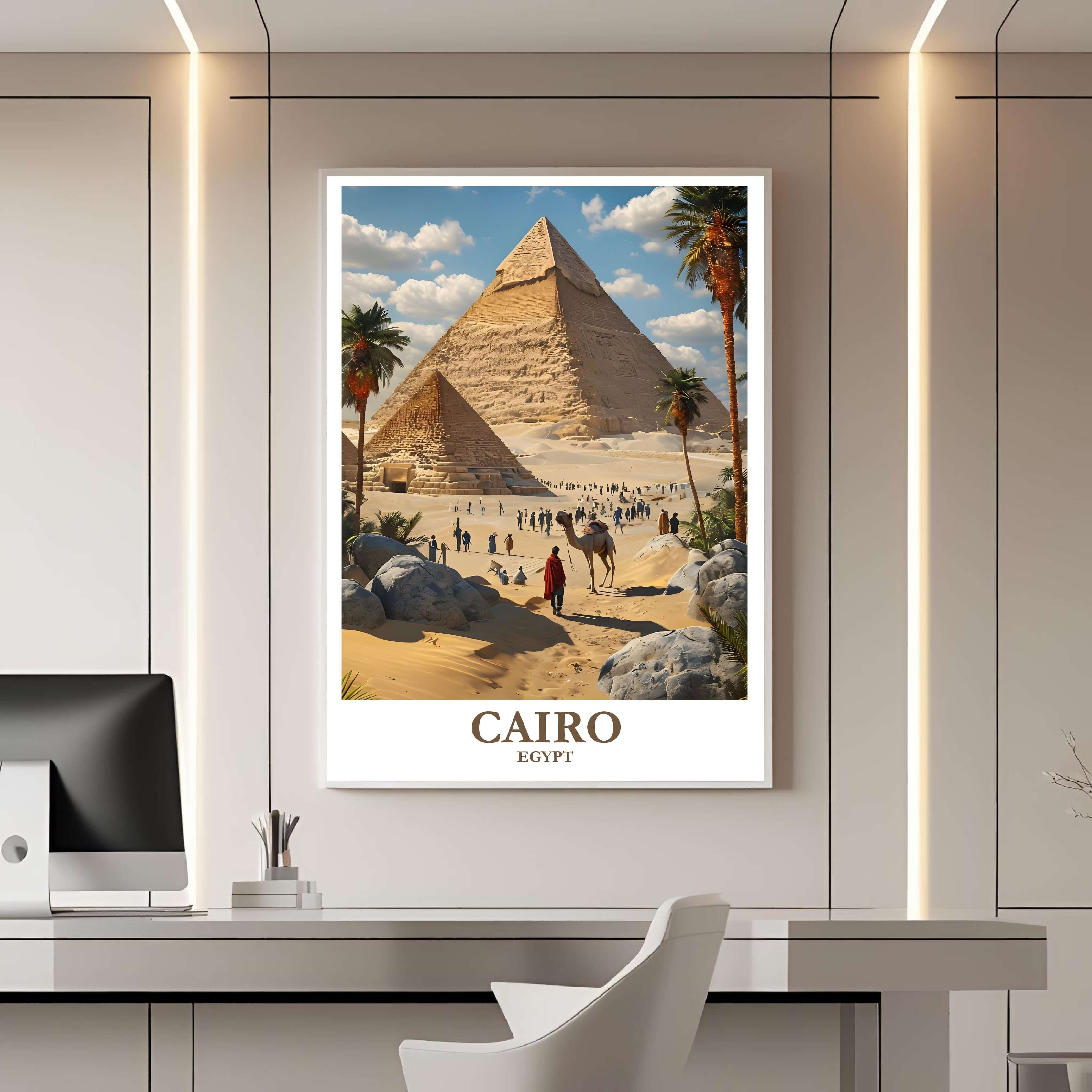 A framed travel poster of Cairo displayed on a wall in a home office, adding an element of historical and inspiring flair.