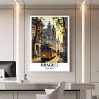 A framed travel poster of Prague displayed on a wall in a home office, adding an element of creative and inspiring elegance.