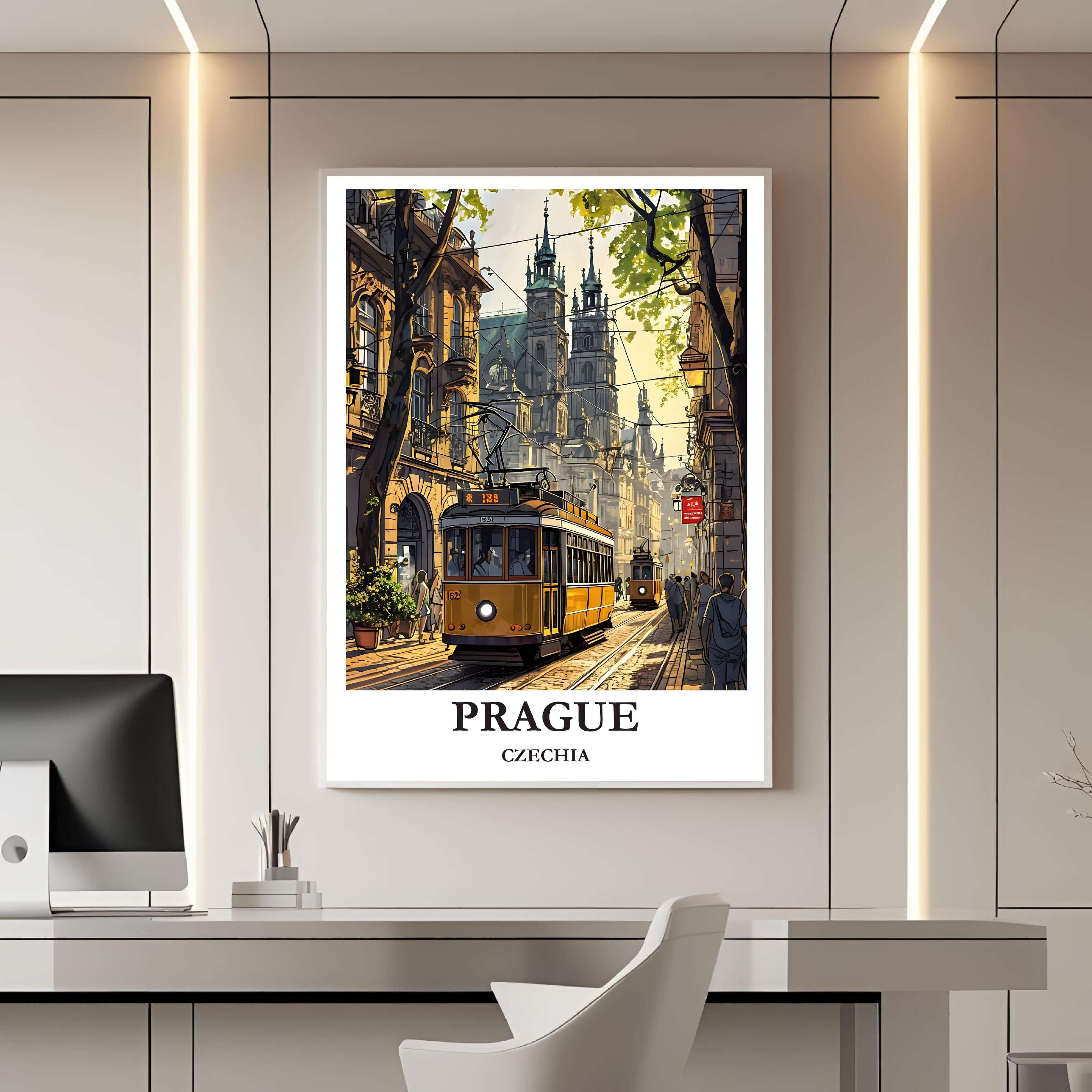 A framed travel poster of Prague displayed on a wall in a home office, adding an element of creative and inspiring elegance.