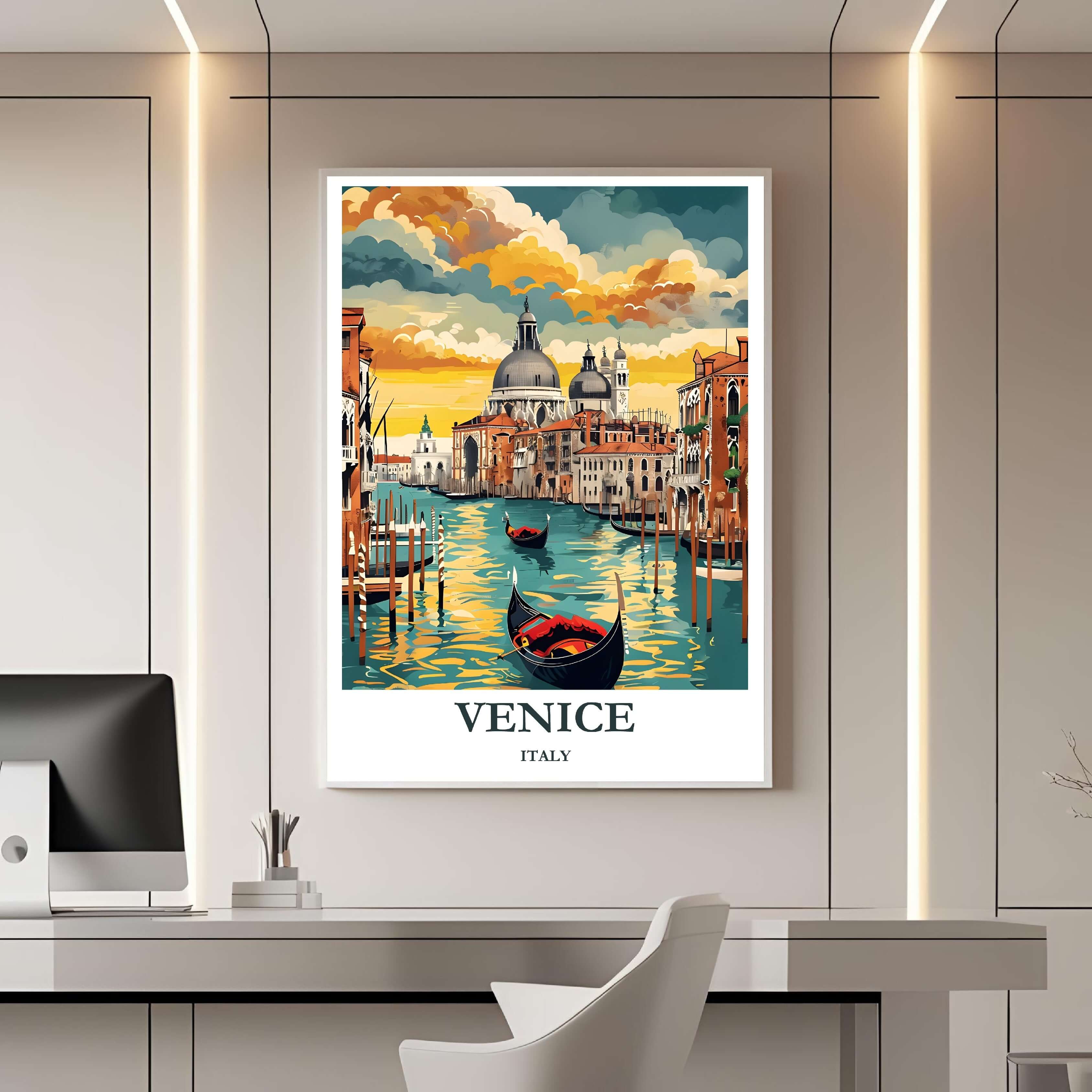 A framed travel poster of Venice displayed on a wall in a home office, adding an element of creative, inspiring, and romantic flair.