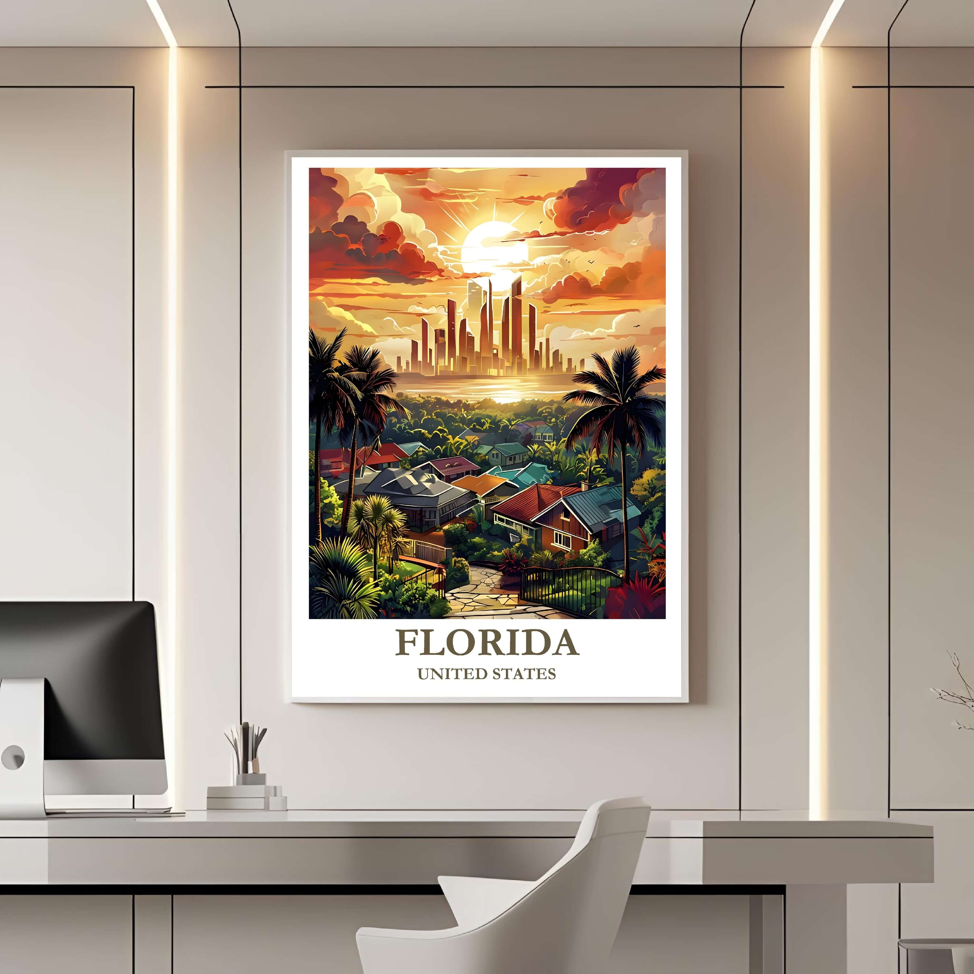 A framed travel poster of Florida displayed on a wall in a home office, adding an element of creative and laid-back, yet sophisticated flair.