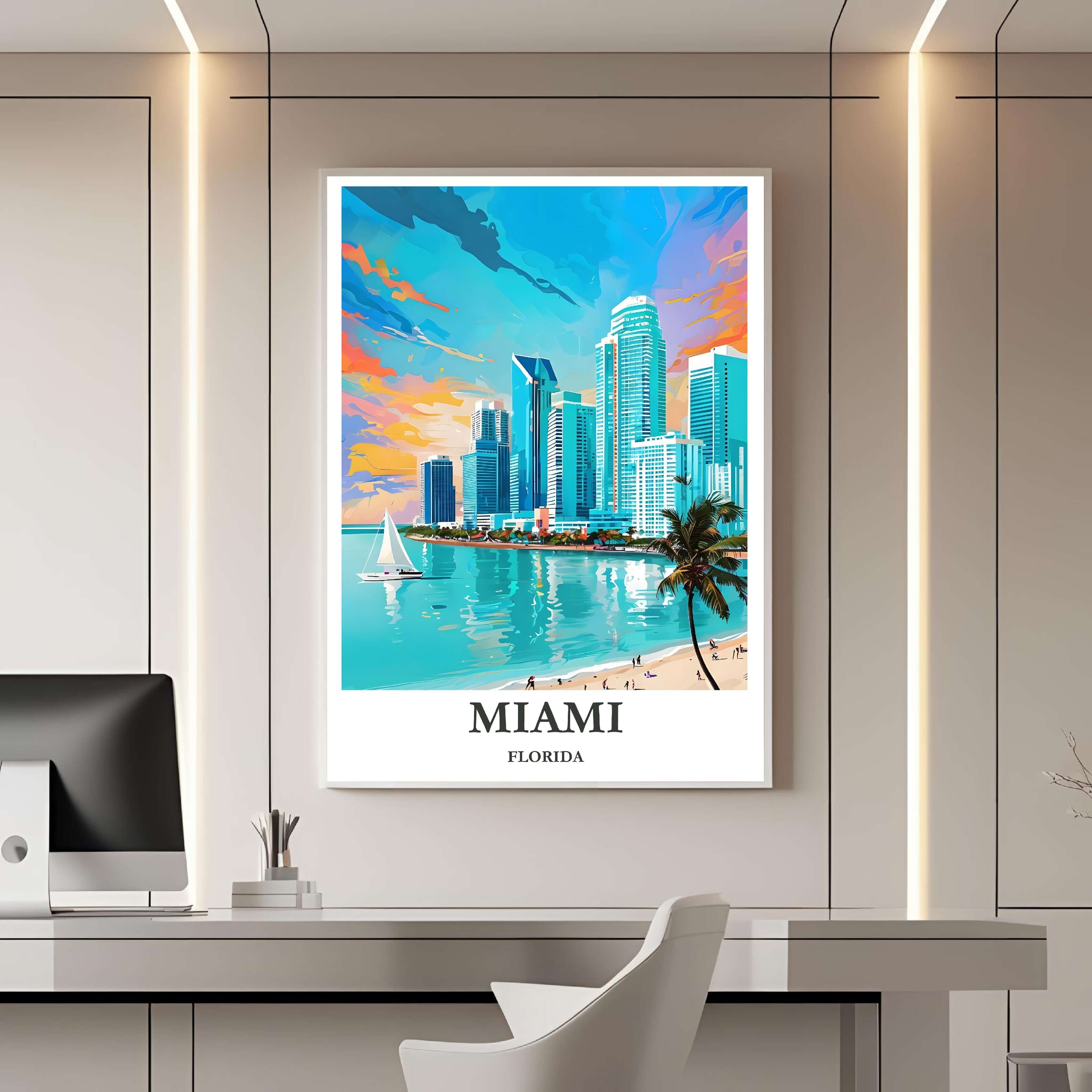 A framed travel poster of Miami displayed on a wall in a home office, adding an element of creative and vibrant flair.