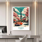A framed travel poster of Paris displayed on a wall in a home office, adding an element of creative and inspiring flair.