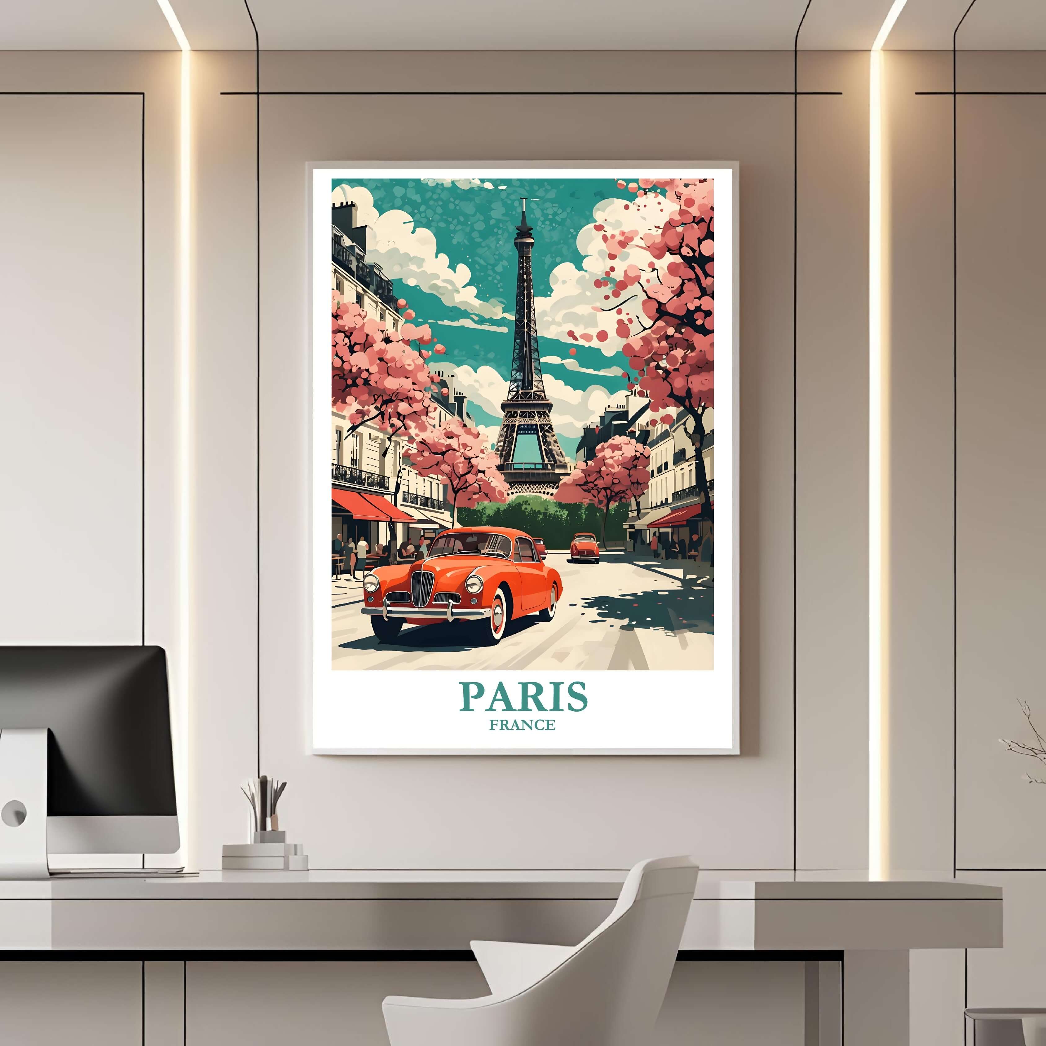 A framed travel poster of Paris displayed on a wall in a home office, adding an element of creative and inspiring flair.