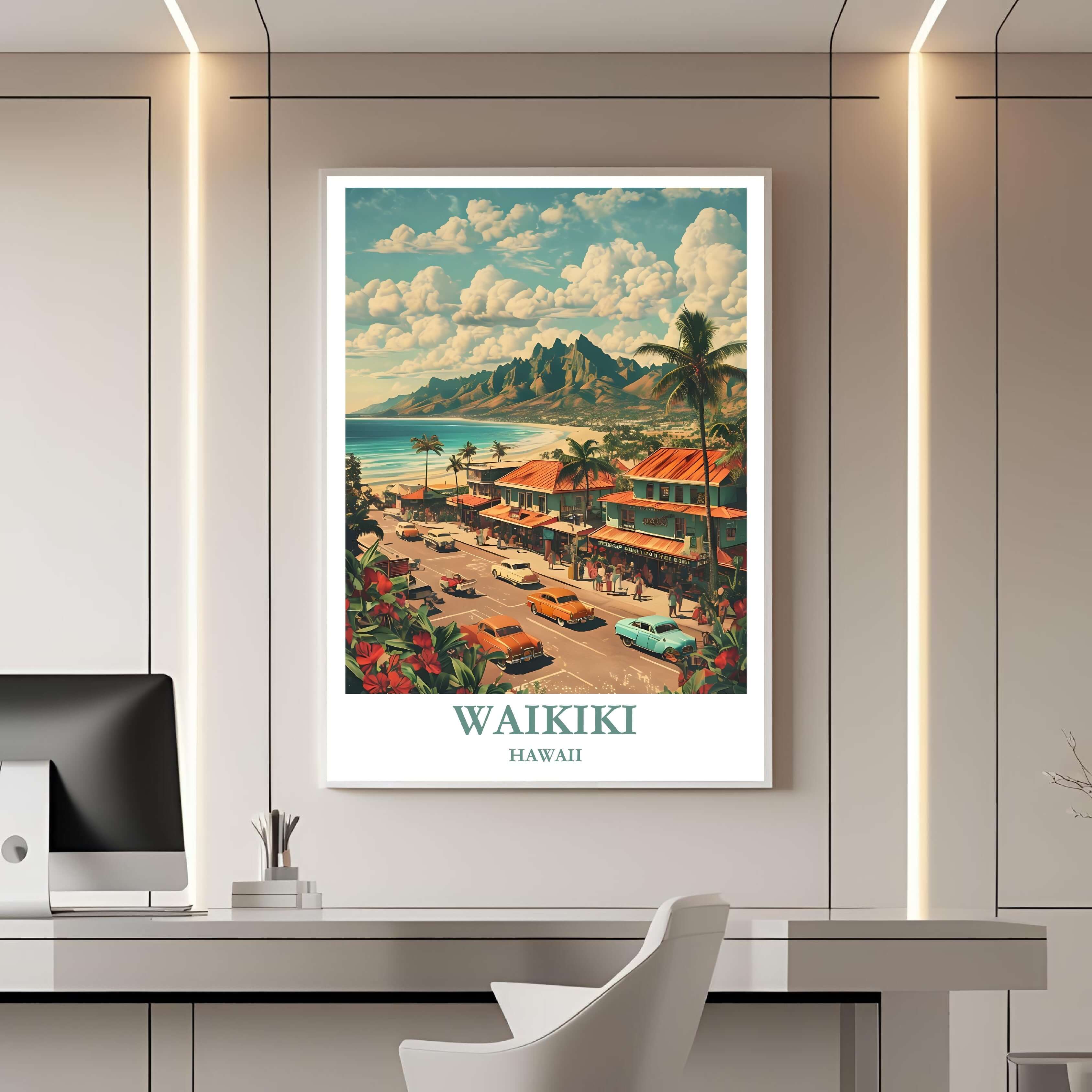 A framed travel poster of Waikiki displayed on a wall in a home office, adding an element of relaxation, color, and inspiring coastal flair.