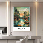 A framed travel poster of Kerala displayed on a wall in a home office, adding an element of creative and tranquil flair.