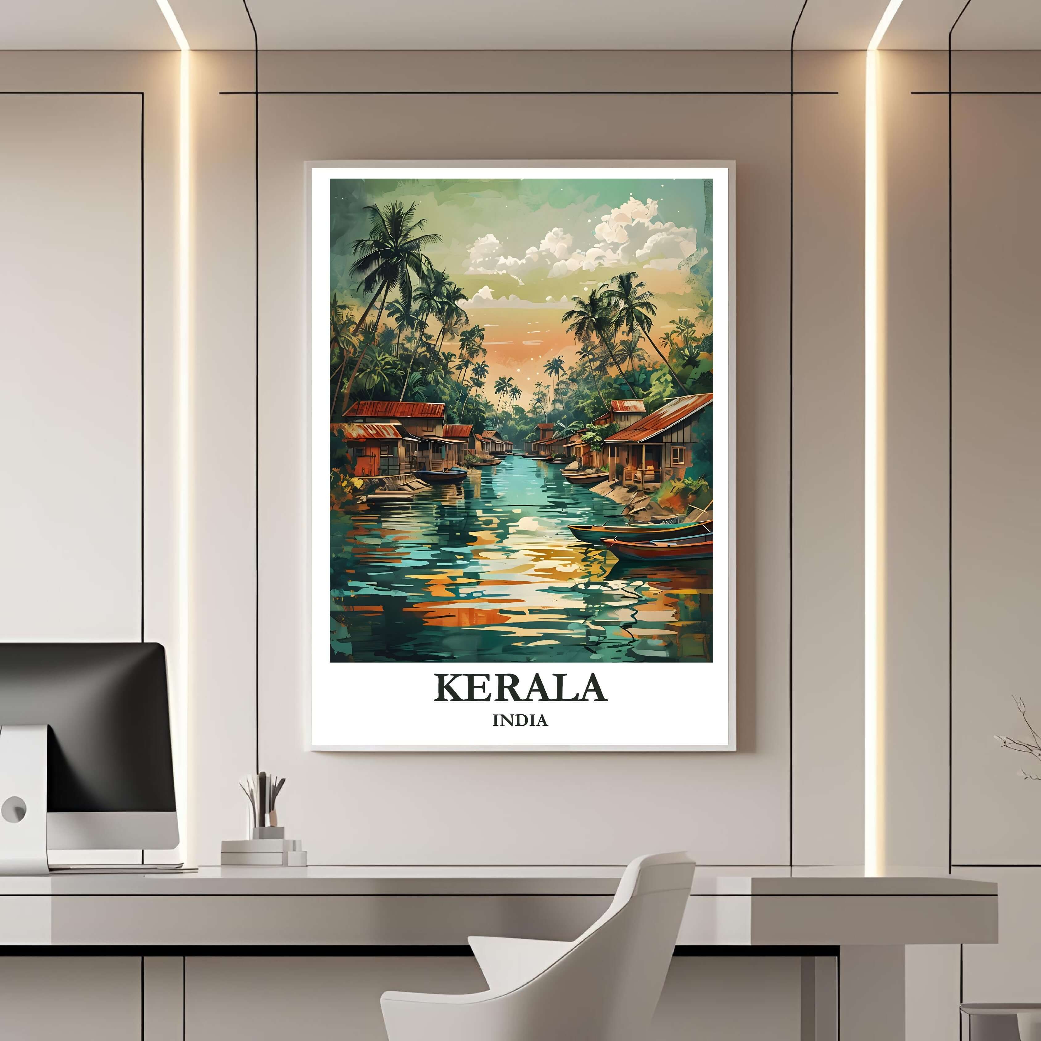 A framed travel poster of Kerala displayed on a wall in a home office, adding an element of creative and tranquil flair.