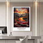 A framed travel poster of Indiana displayed on a wall in a home office, adding an element of creative and inspiring flair.