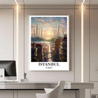 A framed travel poster of Istanbul displayed on a wall in a home office, adding an element of creative and inspiring flair.