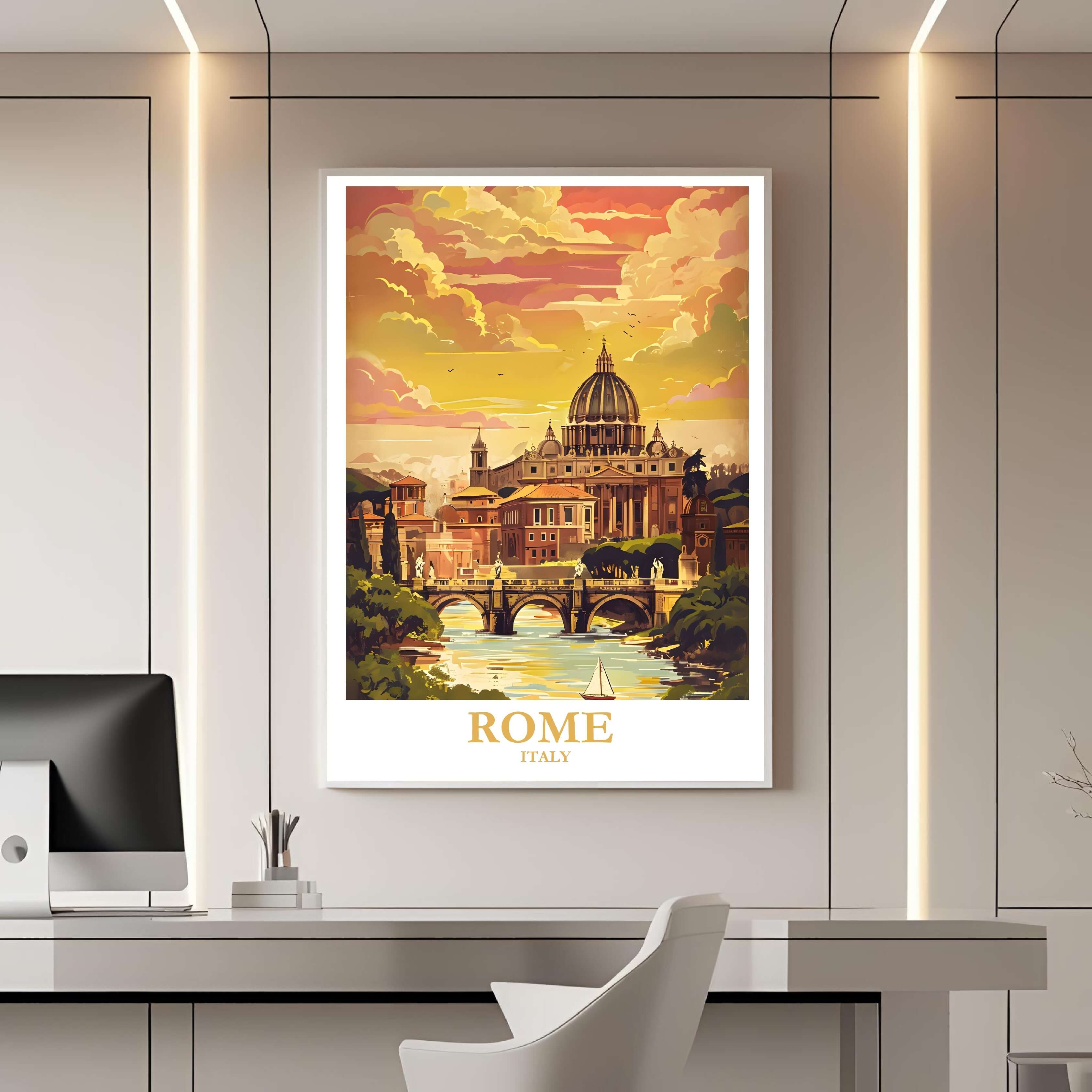 A framed travel poster of Rome displayed on a wall in a home office, adding an element of creative and inspiring elegance.