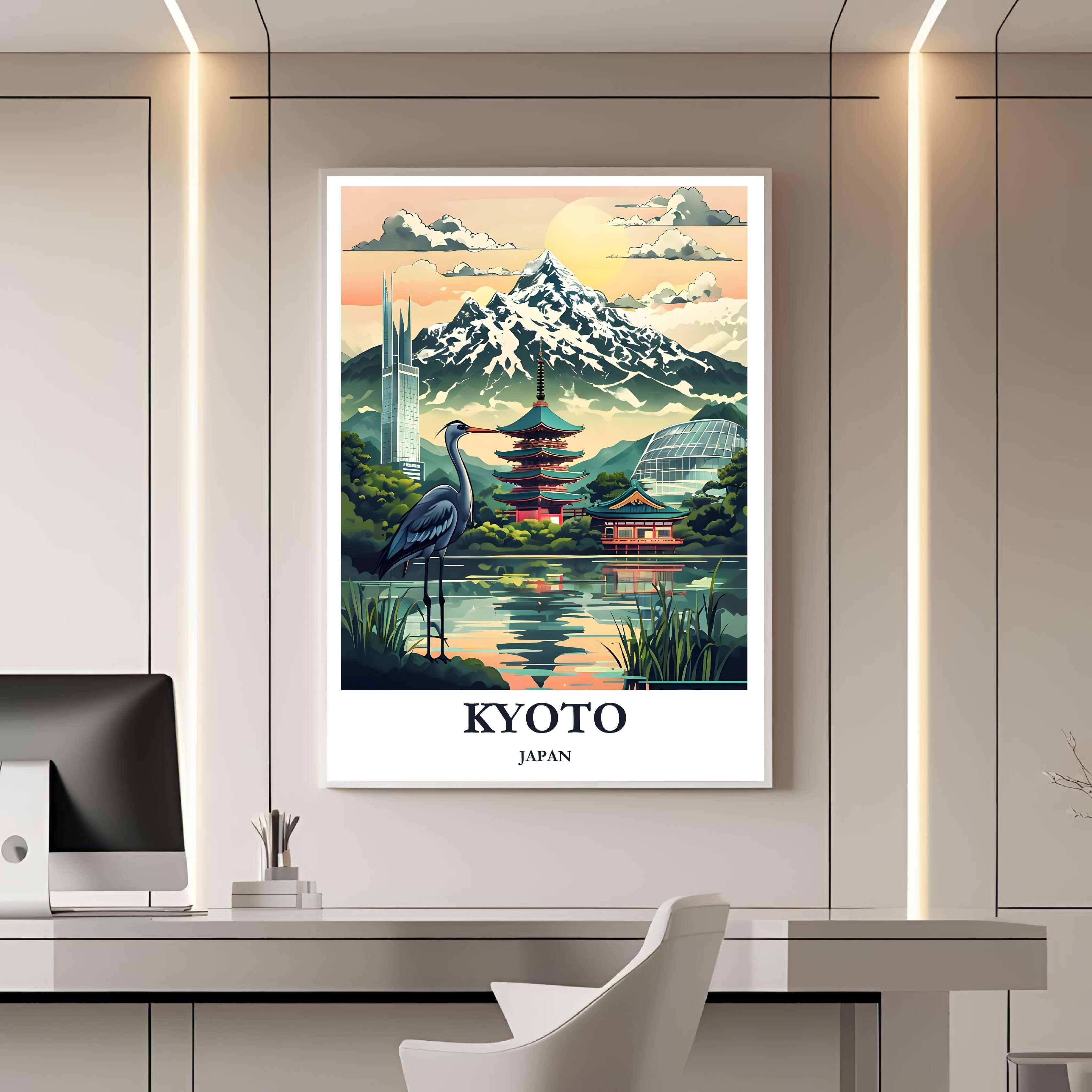 A framed travel poster of Kyoto displayed on a wall in a home office, adding an element of creative and inspiring zen flair.