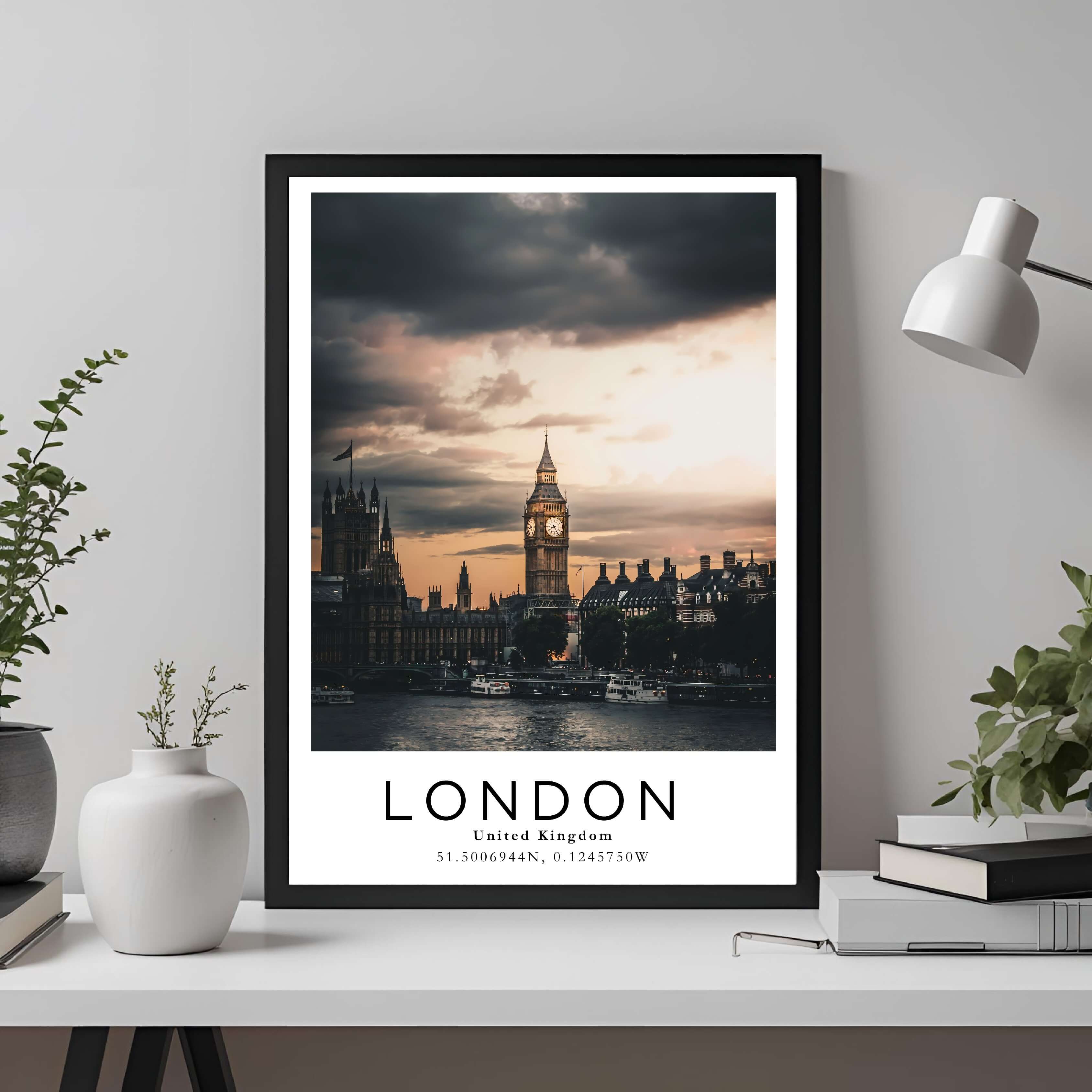 A framed travel poster of London displayed on a wall in a home office, adding an element of professional and artistic flair.
