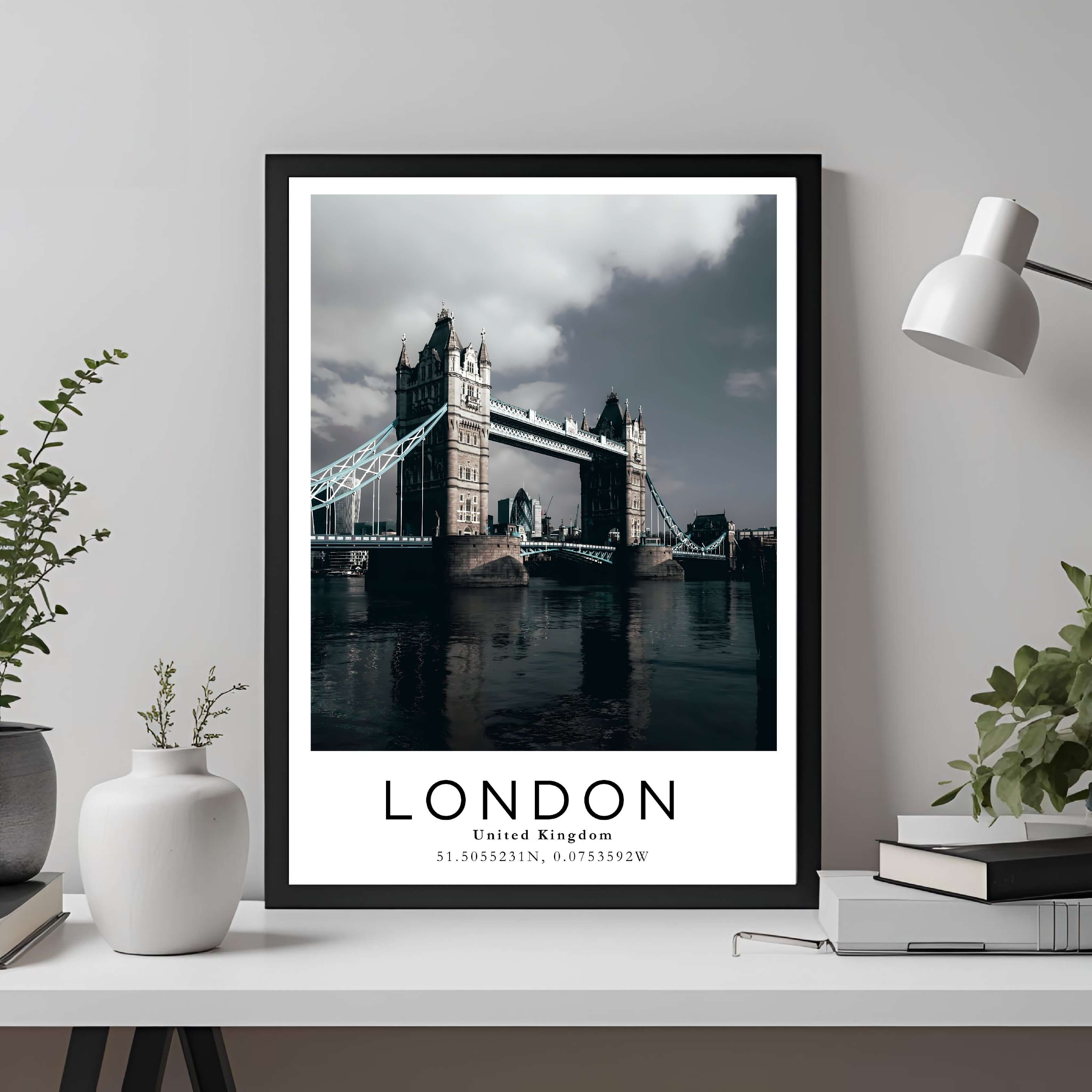 A framed travel poster of the Tower Bridge displayed on an office wall, adding an element of professional and artistic flair.
