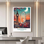 A framed travel poster of London displayed on a wall in a home office, adding an element of creative and inspiring flair.