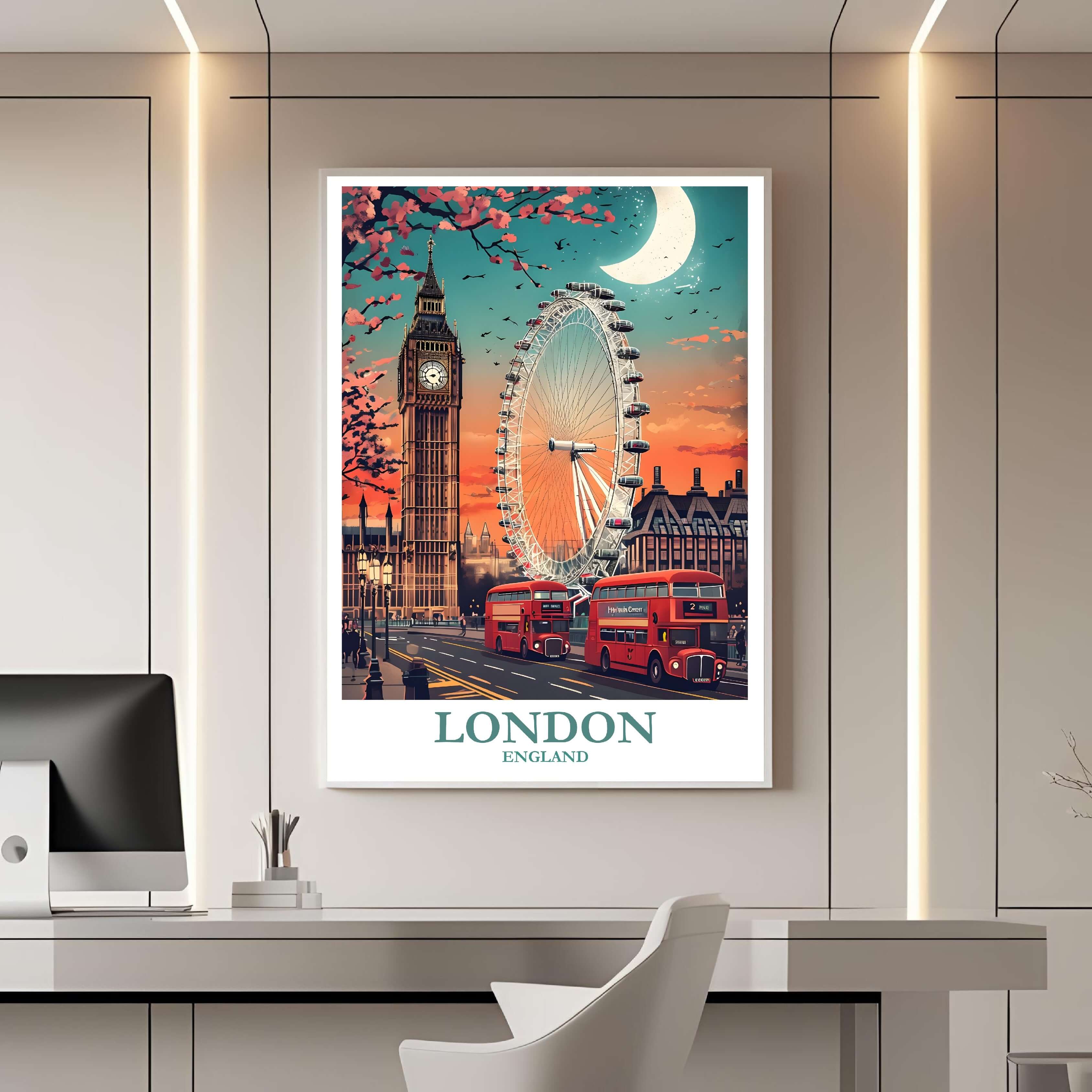 A framed travel poster of London displayed on a wall in a home office, adding an element of creative and inspiring flair.