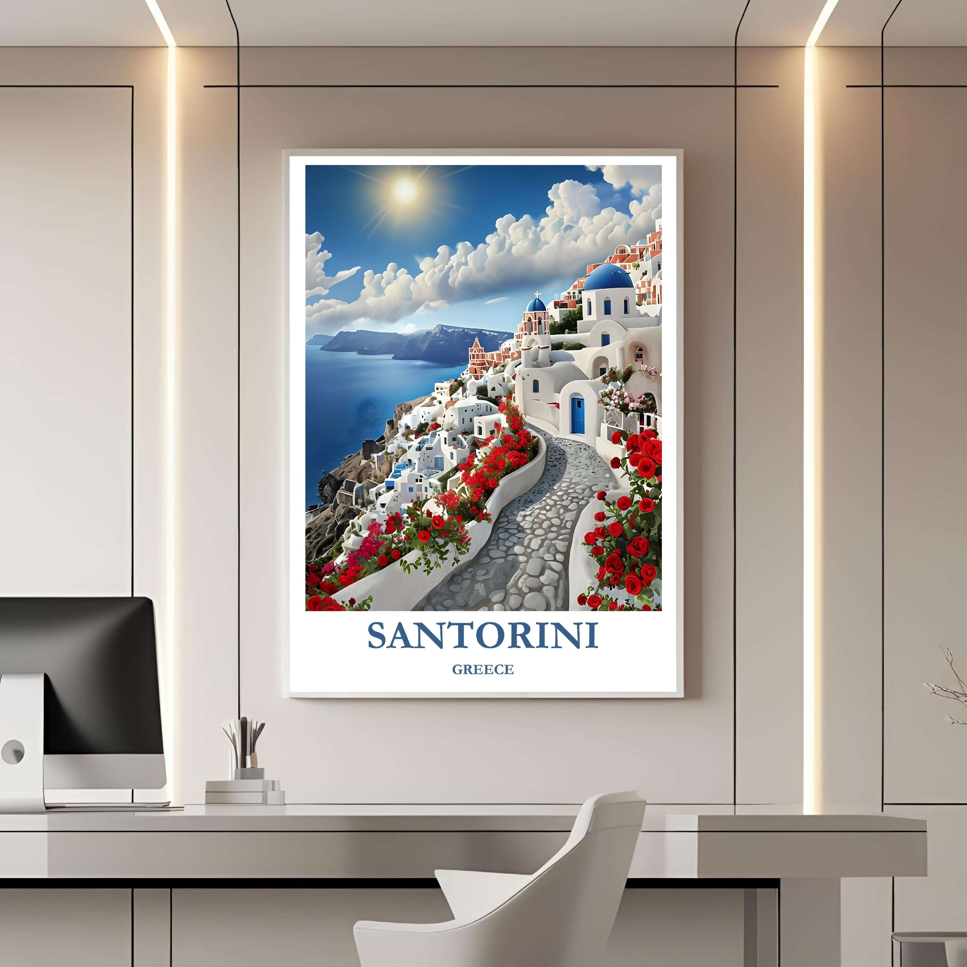 A framed travel poster of Santorini displayed on a wall in a home office, adding an element of creative and inspiring Greek elegance.