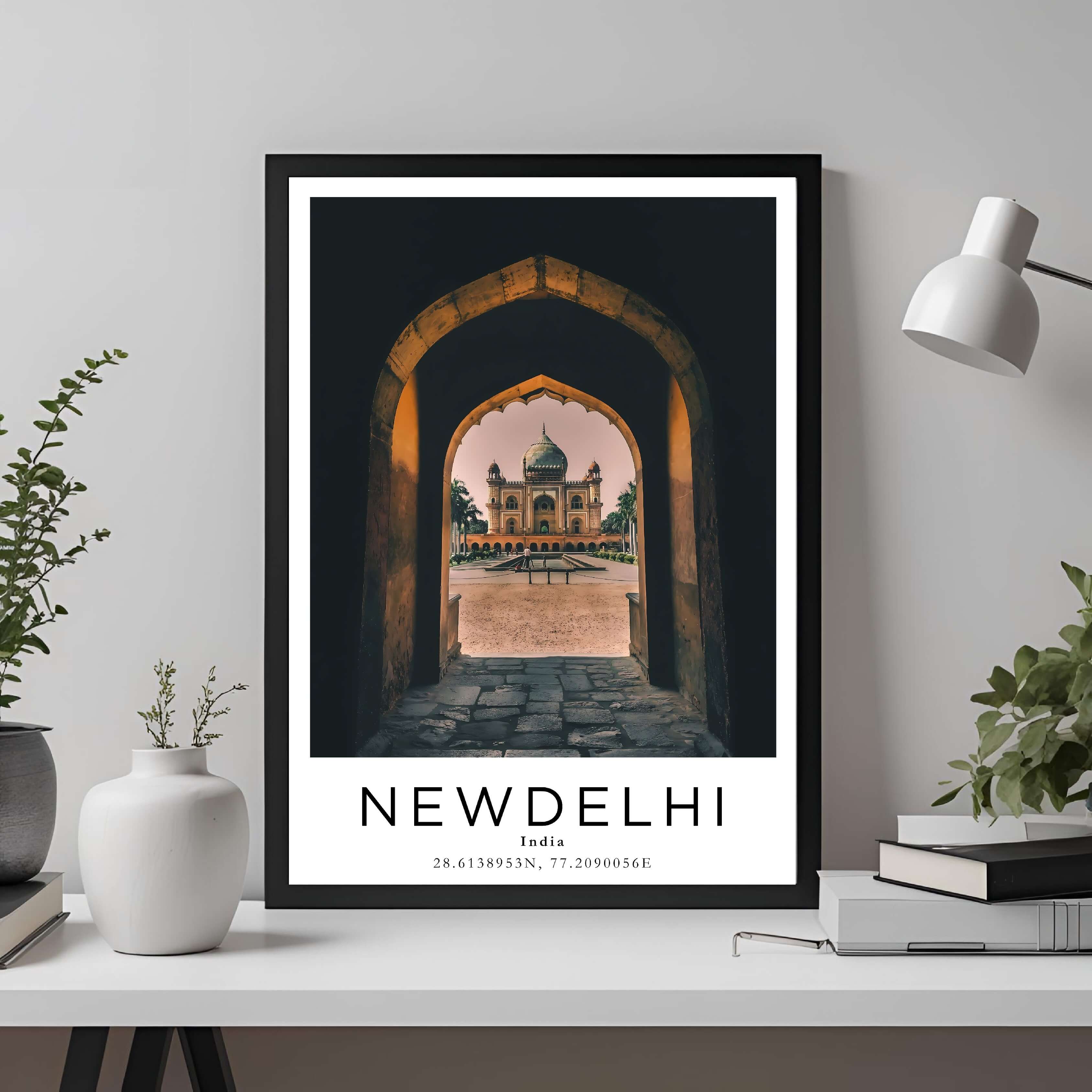 A framed travel poster of New Delhi displayed on a wall in a home office, adding an element of professional and artistic flair.