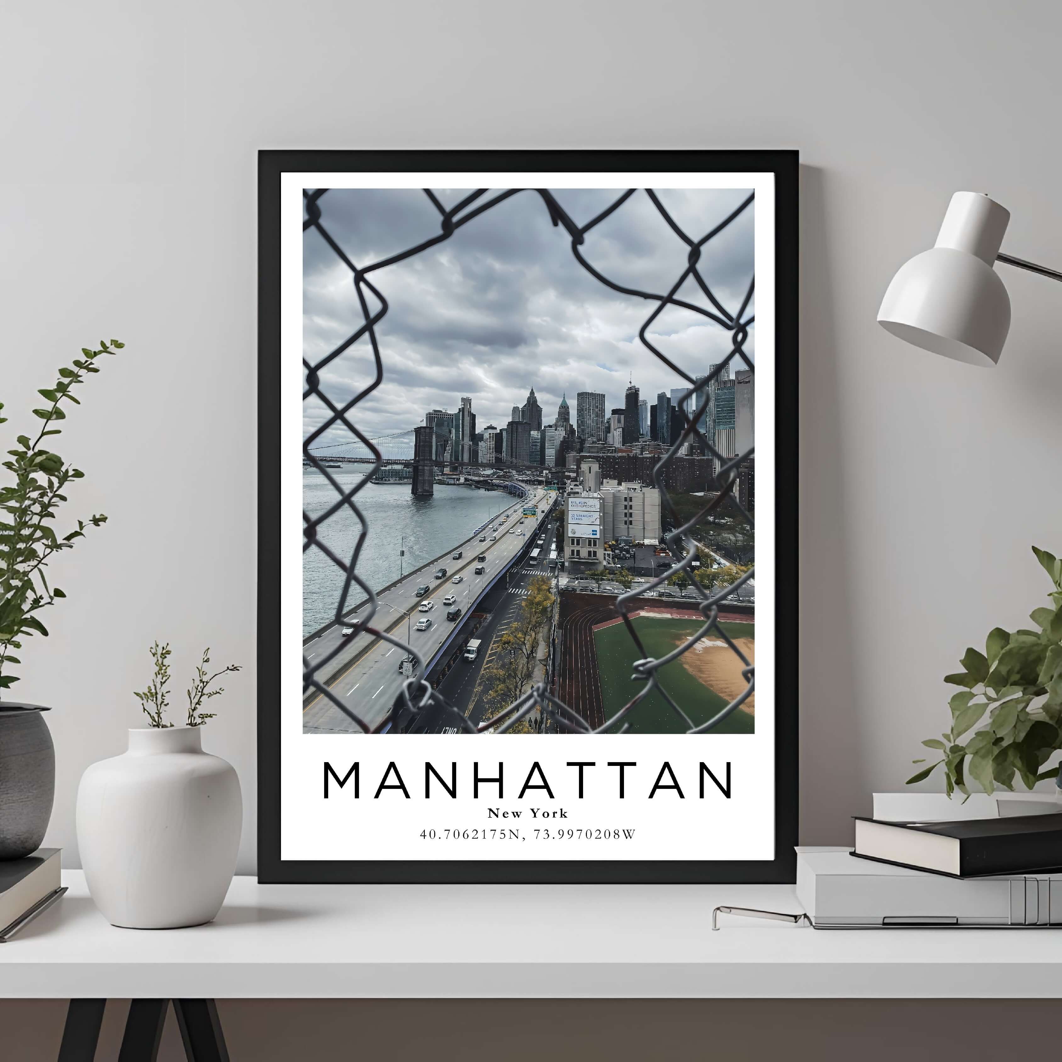 A framed travel poster of Manhattan displayed on a wall in a home office, adding an element of professional and artistic flair.