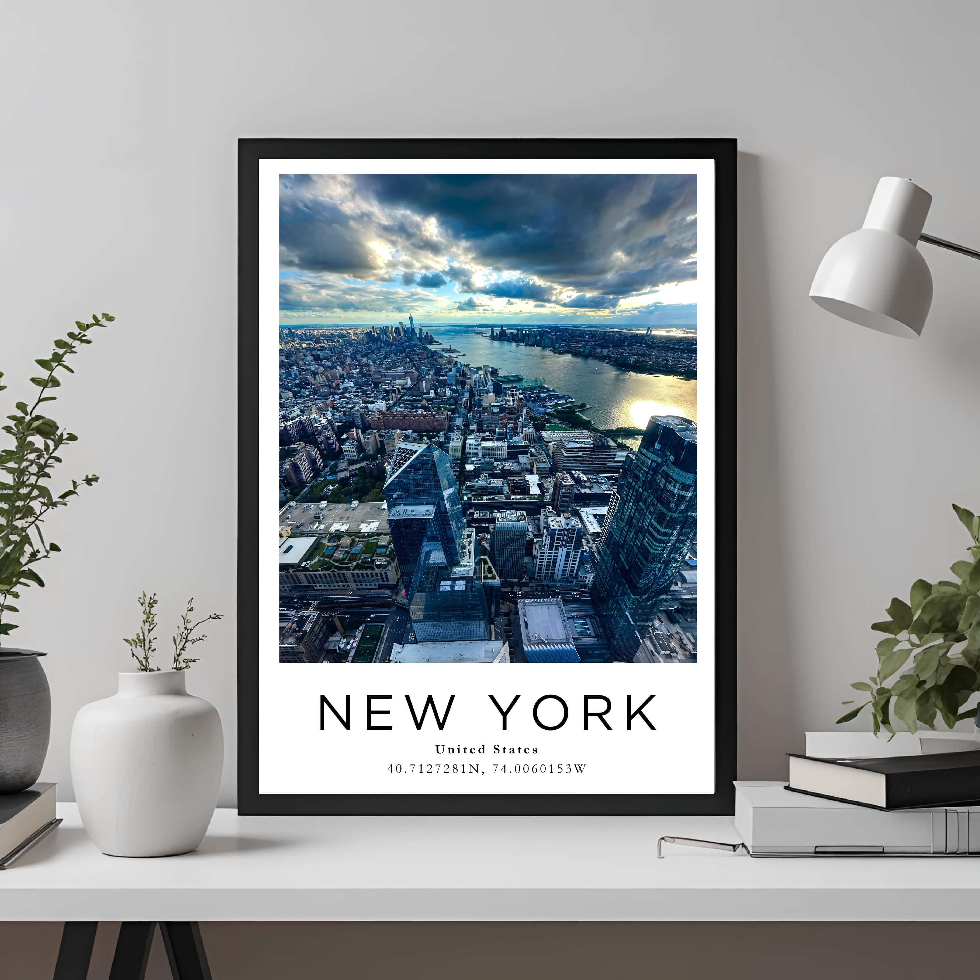 A framed travel poster of New York City displayed on an office wall, adding an element of professional and artistic flair.
