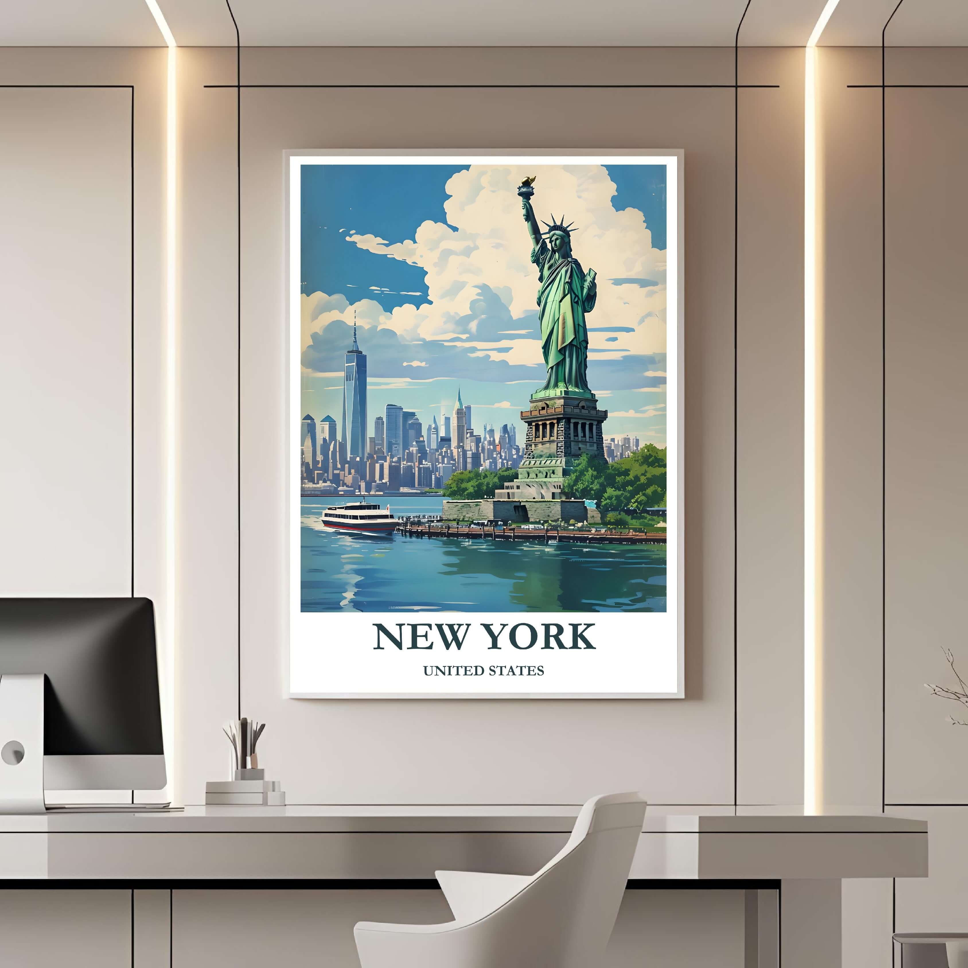 A framed travel poster of New York displayed on a wall in a home office, adding an element of creative and inspiring flair.