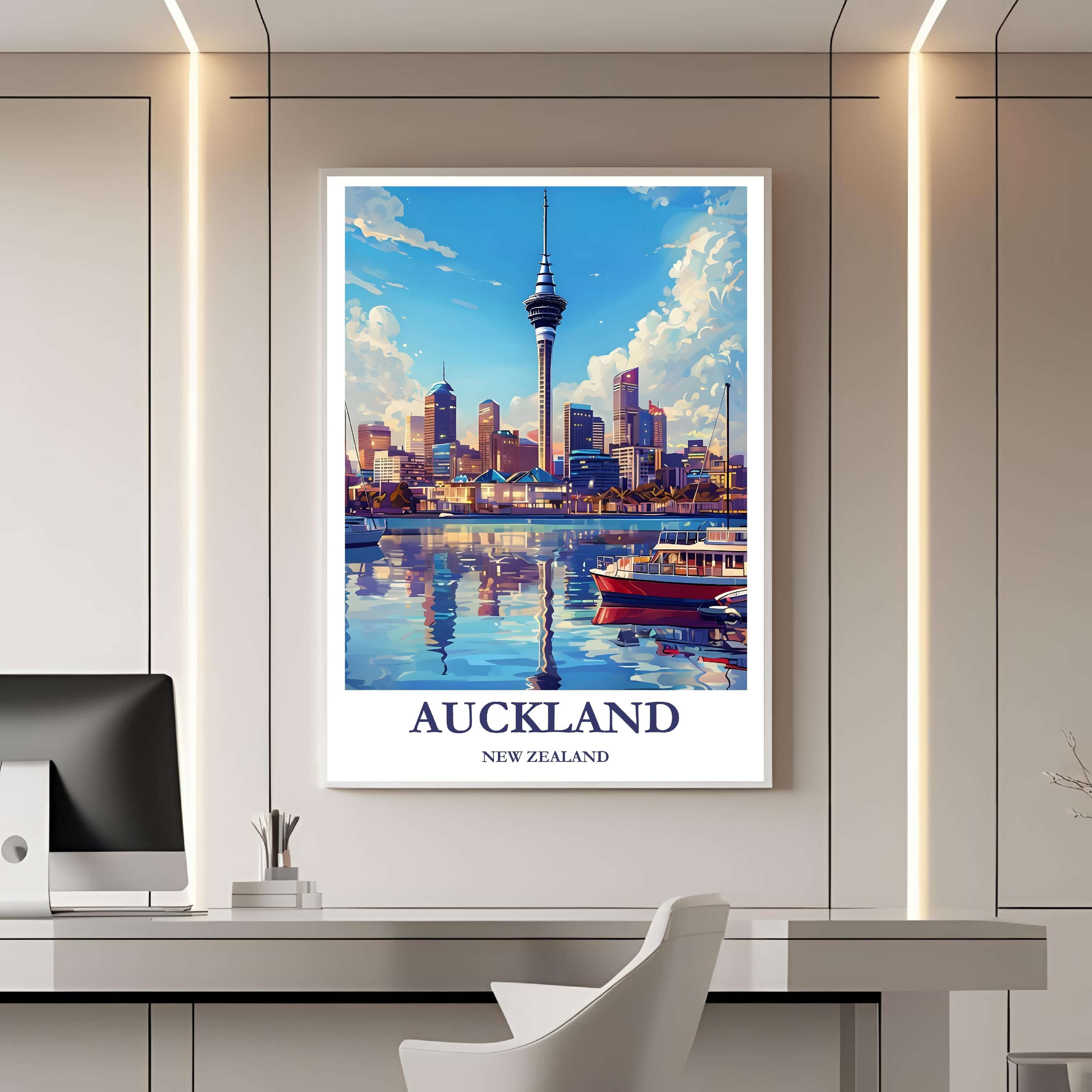 A framed travel poster of Auckland displayed on a wall in a home office, adding an element of professional and artistic flair.