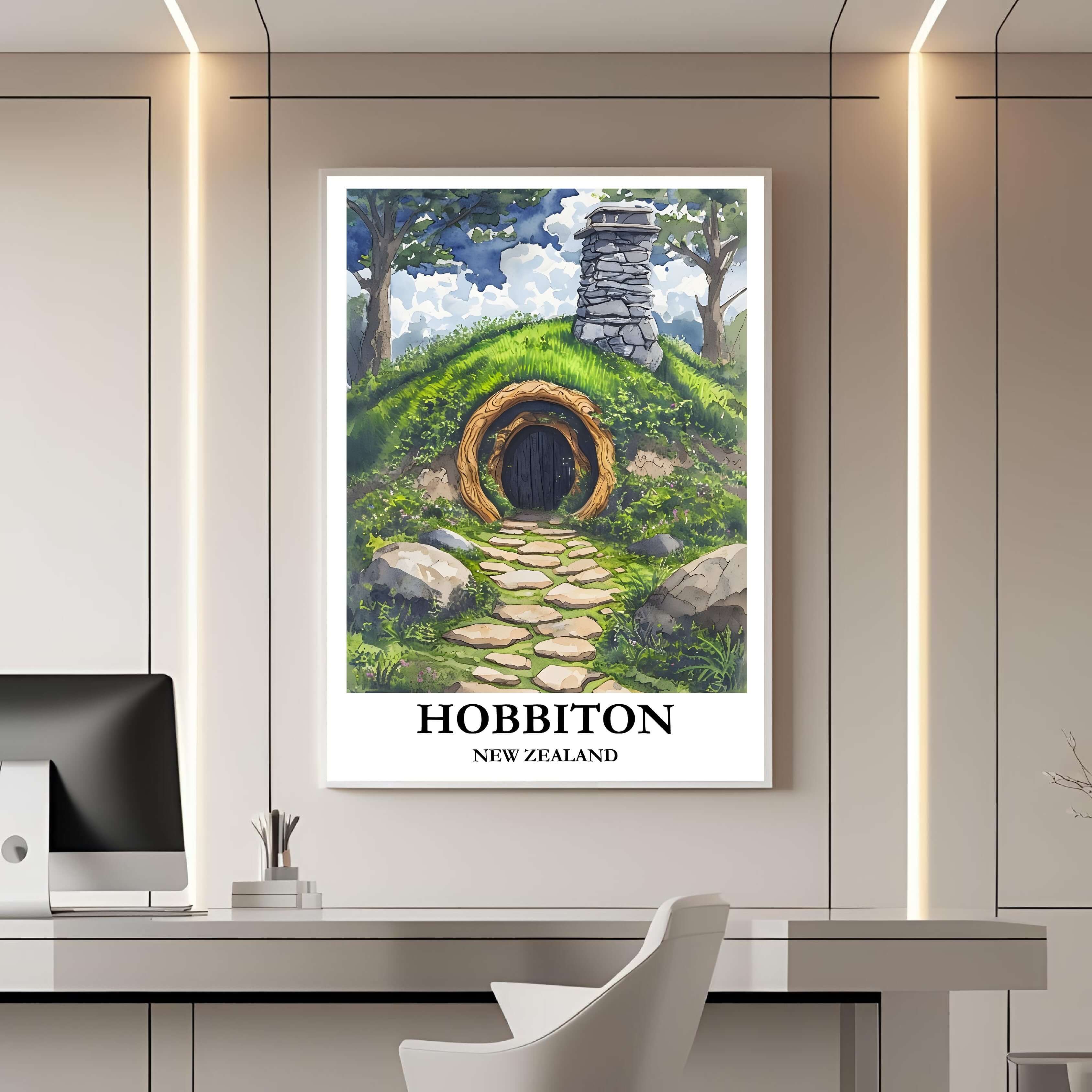 A framed travel poster of Hobbiton displayed on a wall in a home office, adding an element of creative and inspiring flair.