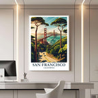 A framed travel poster of San Francisco displayed on a wall in a home office, adding an element of creative and inspiring flair.